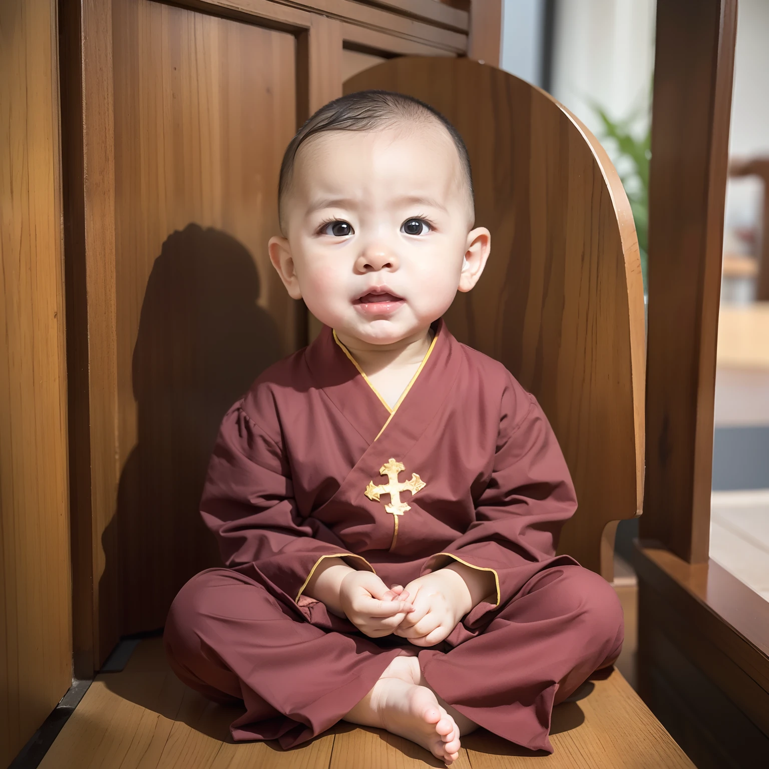 Two-year-old little monk，ultra cute，Looks sweet，Two-year-old toddler face，，bald-headed，Wear a Chinese yellow cassock，Sit cross-legged in the right direction，Eloquent，fold hands to chest，Works of masters，super-fine，Close-up，16k