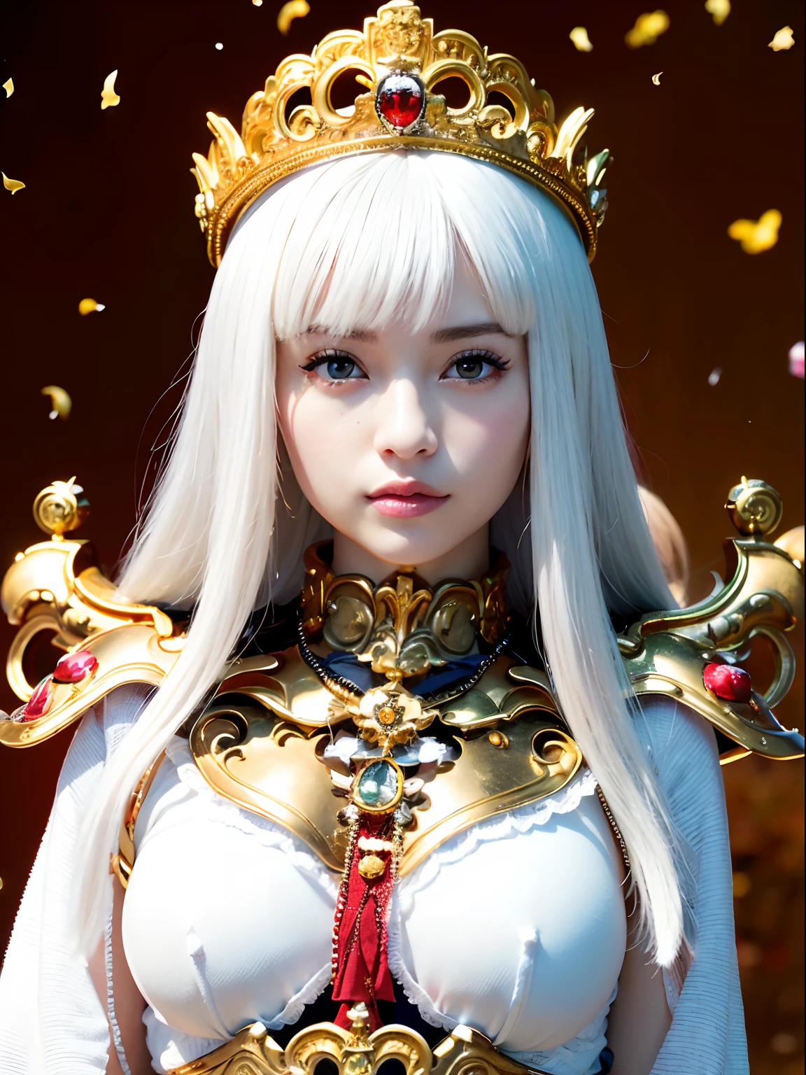 (masutepiece), Professional , masterpiece、top-quality、photos realistic , depth of fields (Gemstone Silver Metal Body:1.9),(Matte White、Jewel Gold Weapon(Jewel Metal Body:1.4),Gorgeous metal weapons , Detailed Sword of the Brave , Beautiful knife ,warhammer 40k , adepta sororitas,Detail and ornate jewel crown、Black hair、Gangle's forest background、Beautiful Caucasian beauty、1a person、dynamic ungle,(((Detailed and ornate diamond crown)))、Smaller head、A smile、Take a sexy pose、Background inside the castle、Thin and beautiful female hands、Soldiers in iron armor、Soldiers in iron armor、