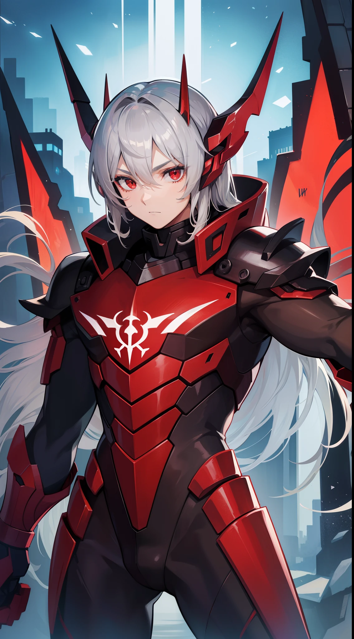 young boy, long gray hair, red eyes, The Iron Mantle of Cybertron, open torso, Iron horns, Masterpiece, hiquality