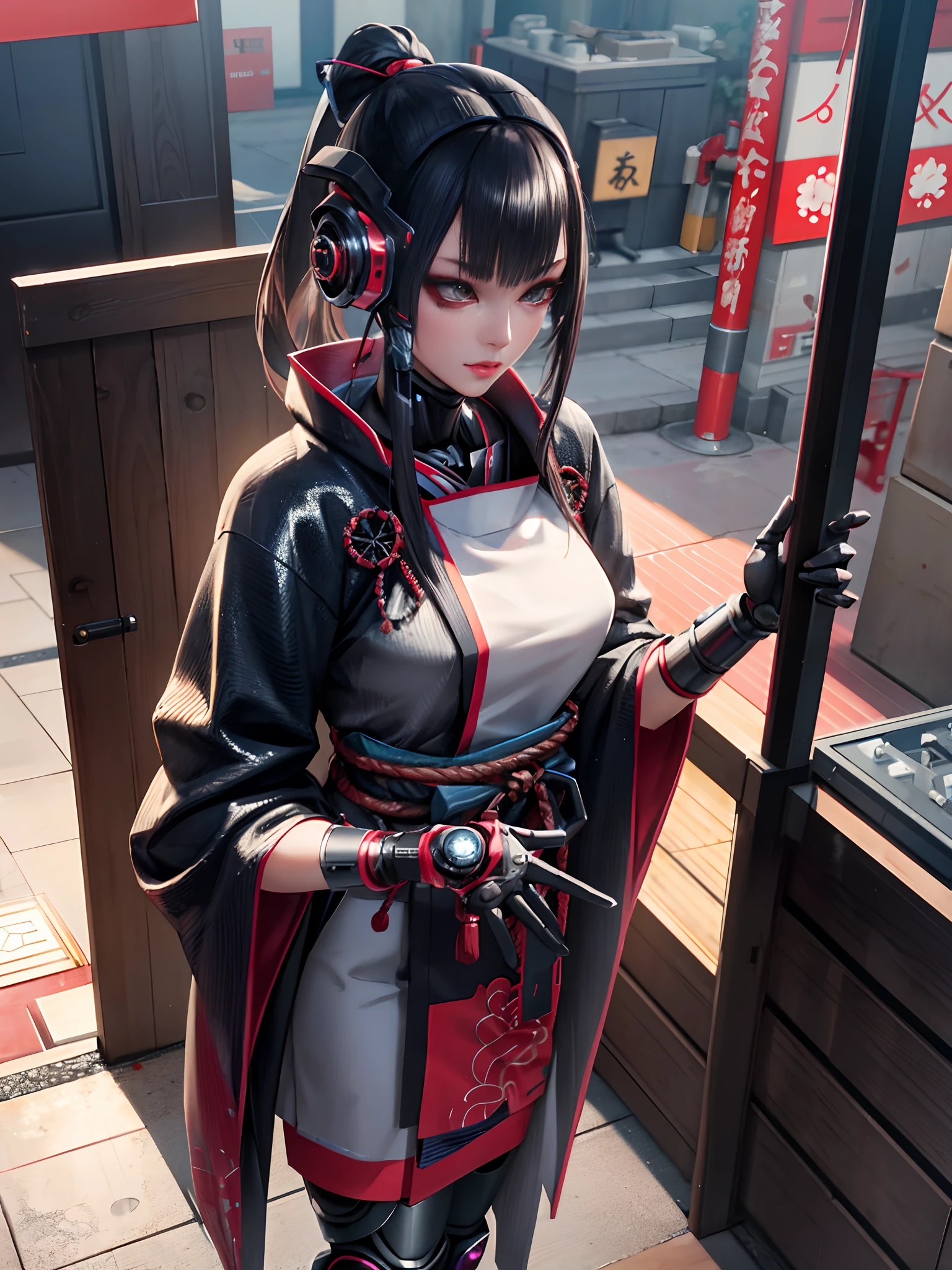 Hyper-realistic，Top image quality，kabuki，female robot，Mechanical prosthesis，metalictexture，Like a mask，Japanese style clothing，cyber punk perssonage，Exquisite rendering，HighestQuali，Epic CG，unreal-engine