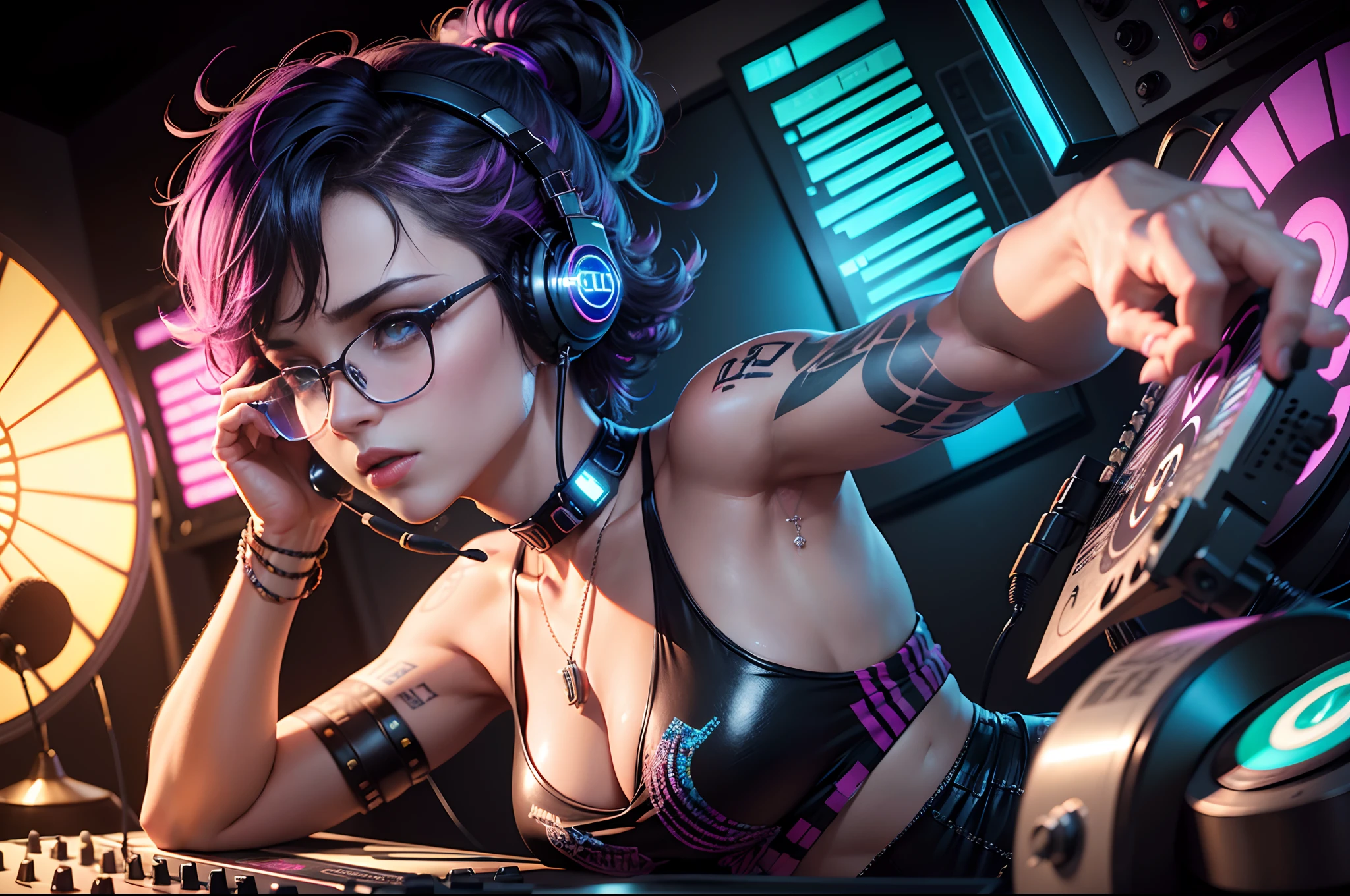 ((medium shot)), ((1 disc jockey is beautiful face with headset)), short hair, (bi-colors spike hair with shaggy), (small face), (big and diamond eyes with cool glasses), sharp looking, (vinyl record on turntable with music mixer and turntable), (hyperreal), (pencil pen and coloring oil painting), ((extremely intricate fine detail and texture)), (outer glow), requiem of heavy metal, (((holography style))), holographic rendering, absurd resolution, photorealistic, dark fantasy with dark and intricate, rosy skin with tattoo,