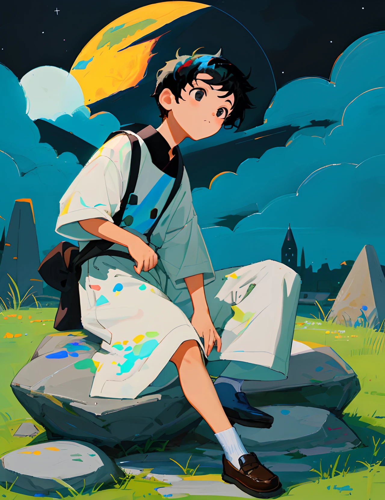 Cute  boy with black hair and black eyes，Sit on a stone and look up at the moon，OilPaintStyle。