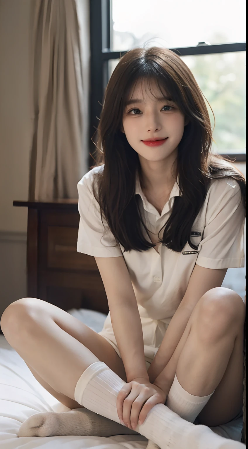 (1 Korean star with royal sister style), ((Best quality, 8K, 巨作: 1.3)), focal point: 1.2, Perfect body proportions: 1.4, (Make a smile), (Ray traching),Watery eyes, Highly Detailed Face and Skin Textur, Fine eyes, Double eyelids, Whitens the skin, (long whitr hair, Air bangs: 1.3), (face round: 1.5), (Student uniform: 1.4), (duck sitting,sit on a bed: 1.6),(white short socks: 1.4),(film grain style:1.3),a sense of atmosphere,Cross ed leg