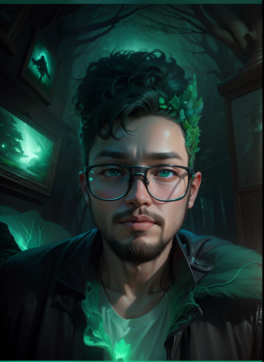 Keep the real face, An art illustration of a boy walking around in a forest, in the style of otherworldly creatures,32k uhd, (ARTIST NAME), charming characters, dark green, luminescent installations, joyful celebration of nature