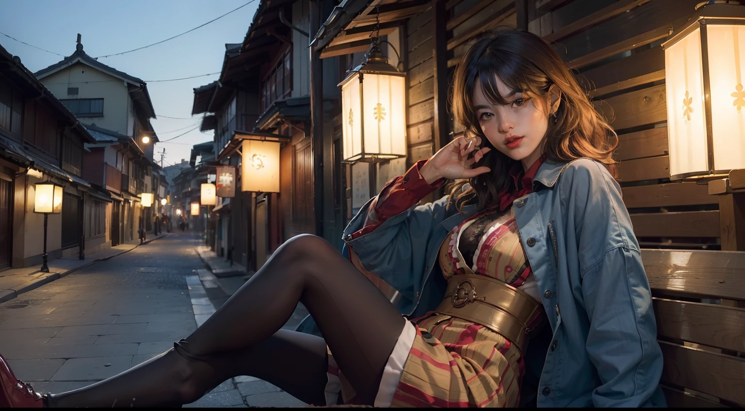 (realisitic,Photorealsitic:1.4),(1 beauty:1.3),(beautiful countenance:1.5),Detailed shiny skin,A detailed eye,Precise hands and fingers,8K HDR, , ​masterpiece, (Dynamic Angle Video),电影灯光, Finely drawn backgrounds,(The dim,dramatic  lighting,No sunlight)Beautiful Japan,Autumn outfit,colourful hair,shairband,Peru,A deserted city,sitting on,great laughter,skinny