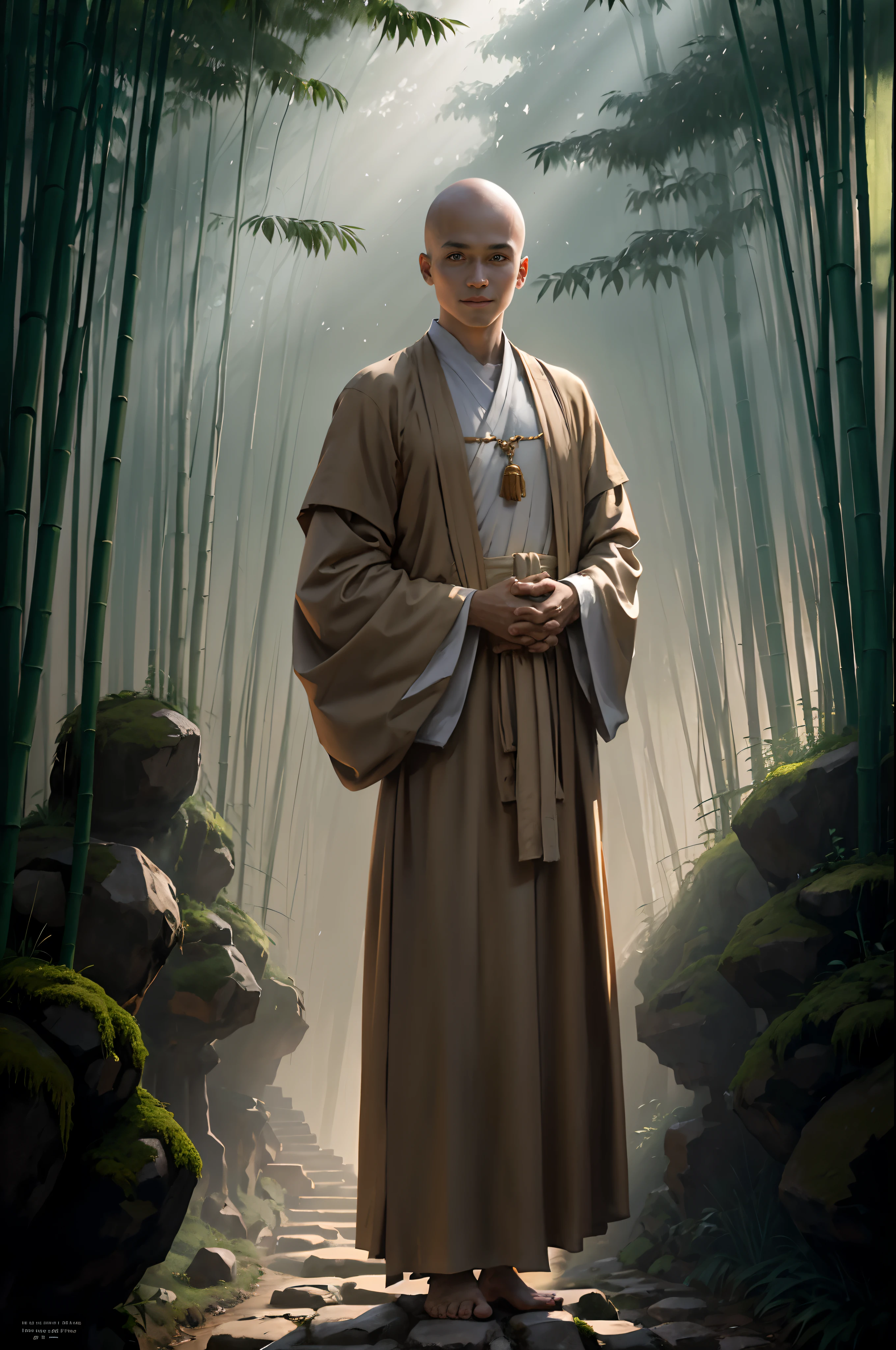 A boy with,ssmile,Beige monk's robe,bald-headed,had his hands folded,standing on your feet,Face the lens,Light spills into the dense bamboo forest,Stone path,moss,Universal high image quality, best quality,ultra - detailed,tmasterpiece,Fine realistic style