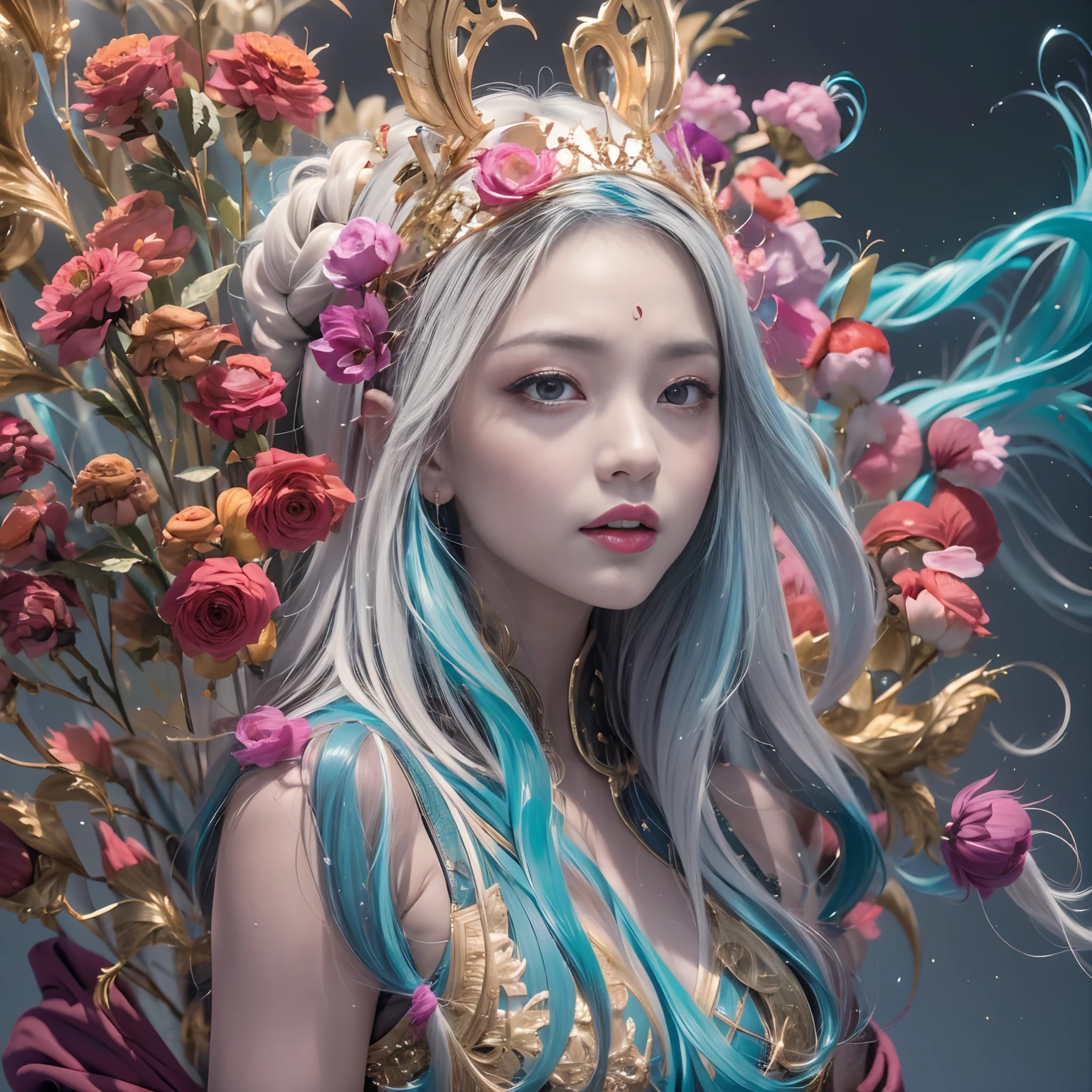 Outer Space 32K（tmasterpiece，k hd，hyper HD，32K），Long flowing light blue hair，ponds ，Mantis protector （realisticlying：1.4），Red robe with a flame pattern，Purple-pink tiara，Petals flutter，The background is pure，Hold your head high，Be proud，The nostrils look at people， A high resolution， the detail， RAW photogr， Sharp Re， Nikon D850 Film Stock Photo by Jefferies Lee 4 Kodak Portra 400 Camera F1.6 shots, Rich colors, ultra-realistic vivid textures, Dramatic lighting, Unreal Engine Art Station Trend, cinestir 800，Hold your head high，Be proud，The nostrils look at people