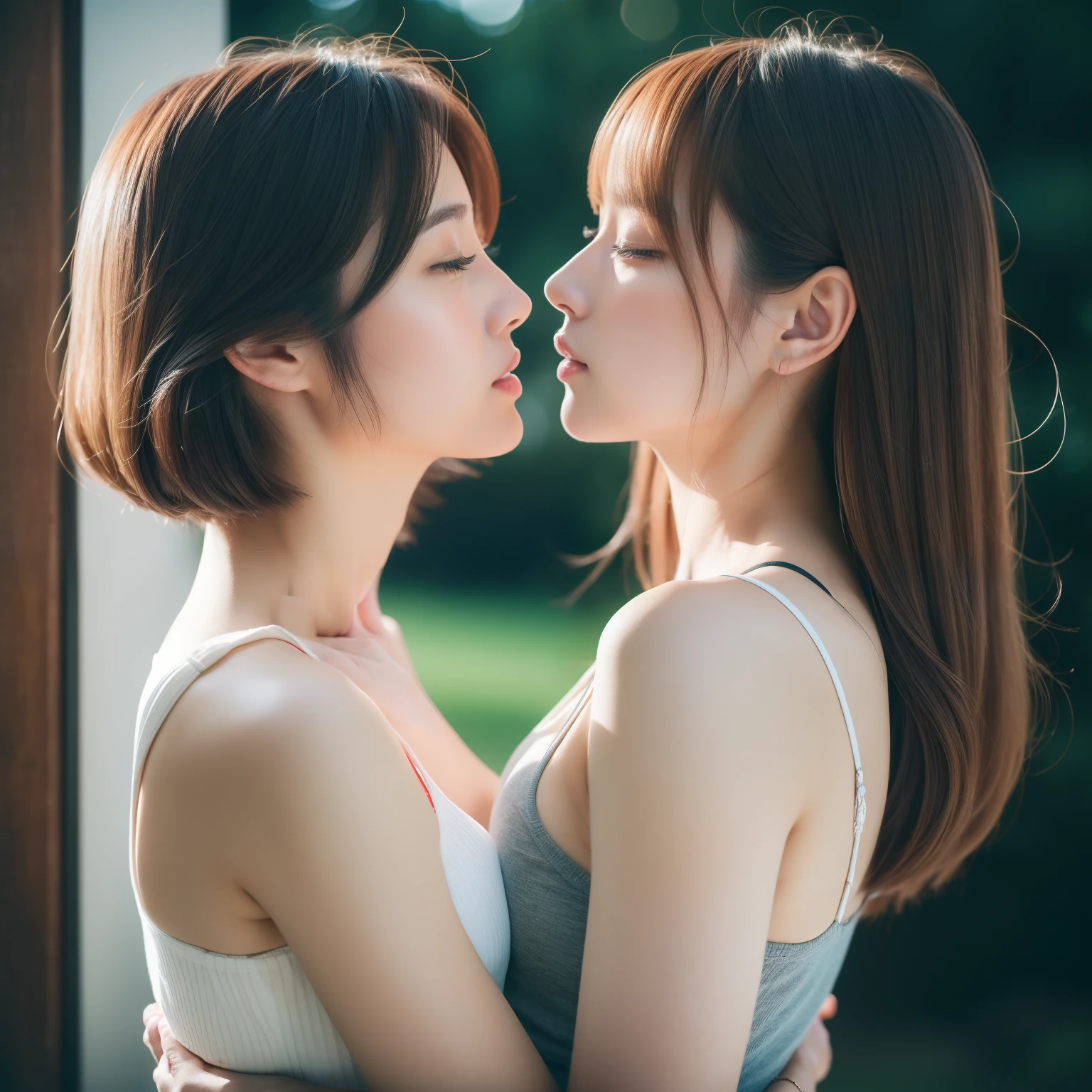 Woman-to-woman、embracing each other、profile、hposing Gravure Idol、((top-quality、8K、masterpiece:1.3))、Raw photography