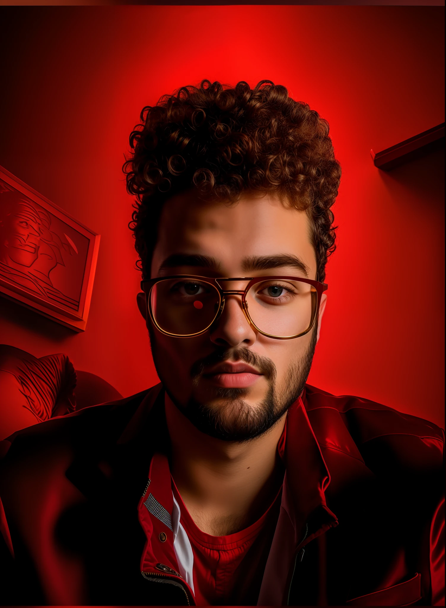 Keep the real face, portrait, curly hair, 4k, red suit