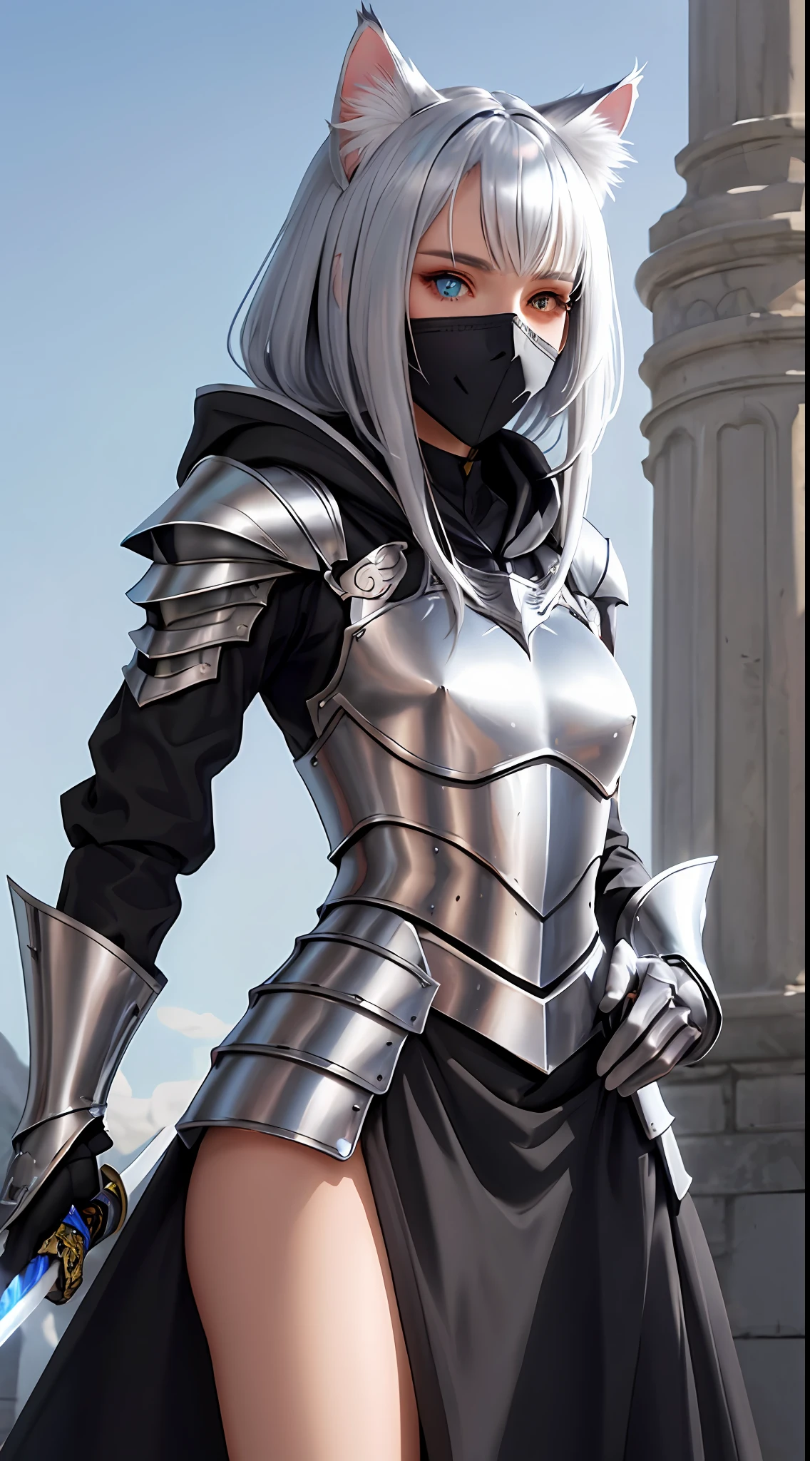cat ears, cat tail, small breasts, silver hair, heterochromia, armored dress, serious, hood up, covering face, shaded face, short sword,