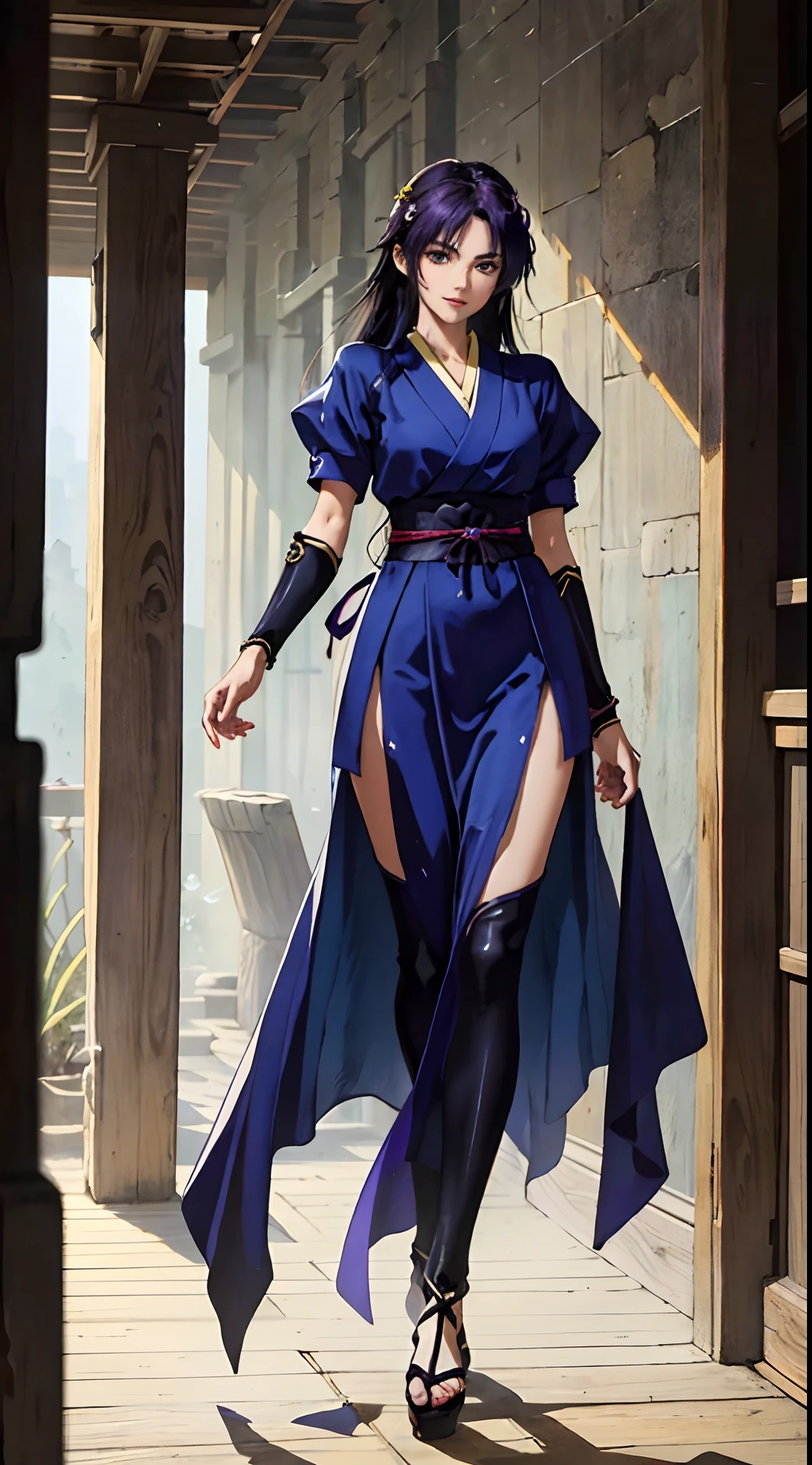 a beautiful woman with sleek dark purple long hair, a delicate and enchanting face, her eyes are sharp and piercing, a cunning smile, she has a slender figure, a fantasy-style form-fitting ninja outfit, the character design reflects a fantasy-style ninja by Japanese anime design, the artwork features finely detailed character design, showcasing a mature Japanese manga artistic style, ((character concept art)), full body character drawing, high definition, best quality, ultra-detailed, extremely delicate, anatomically correct, symmetrical face, extremely detailed eyes and face, high quality eyes, creativity, RAW photo, UHD, 8k, (Natural light, professional lighting:1.2, cinematic lighting:1.5, best shadow), (masterpiece:1.5)