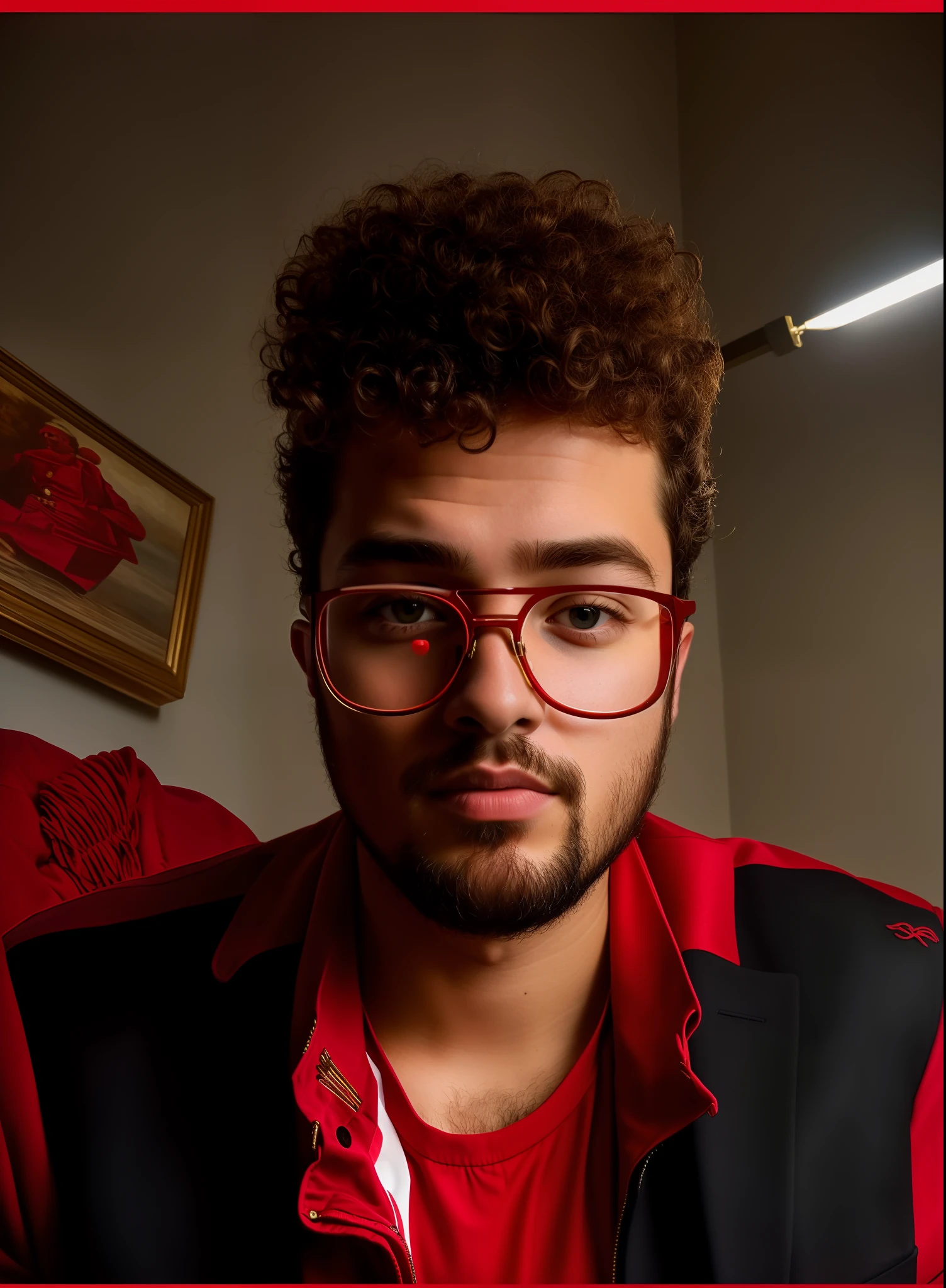 Keep the real face, portrait, curly hair, 4k, red suit