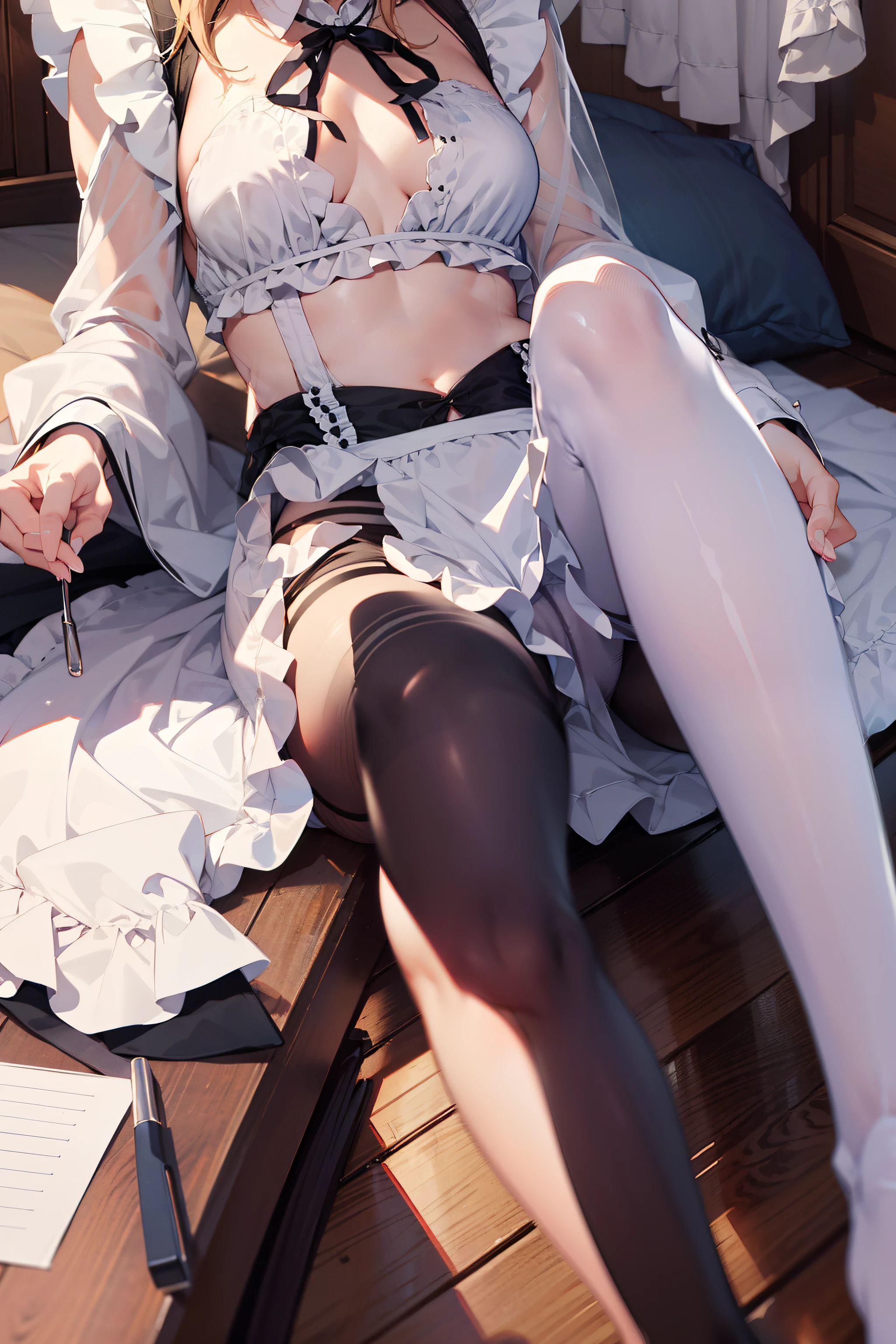 high-level image quality、top-quality、Detailed drawing、Does not blush cheeks、Slender adult beauty、Maid clothes、white swimwear、Small eyes、kneehigh、Stockings、Medium chest、hair straight,pantiess,lacepantyhose