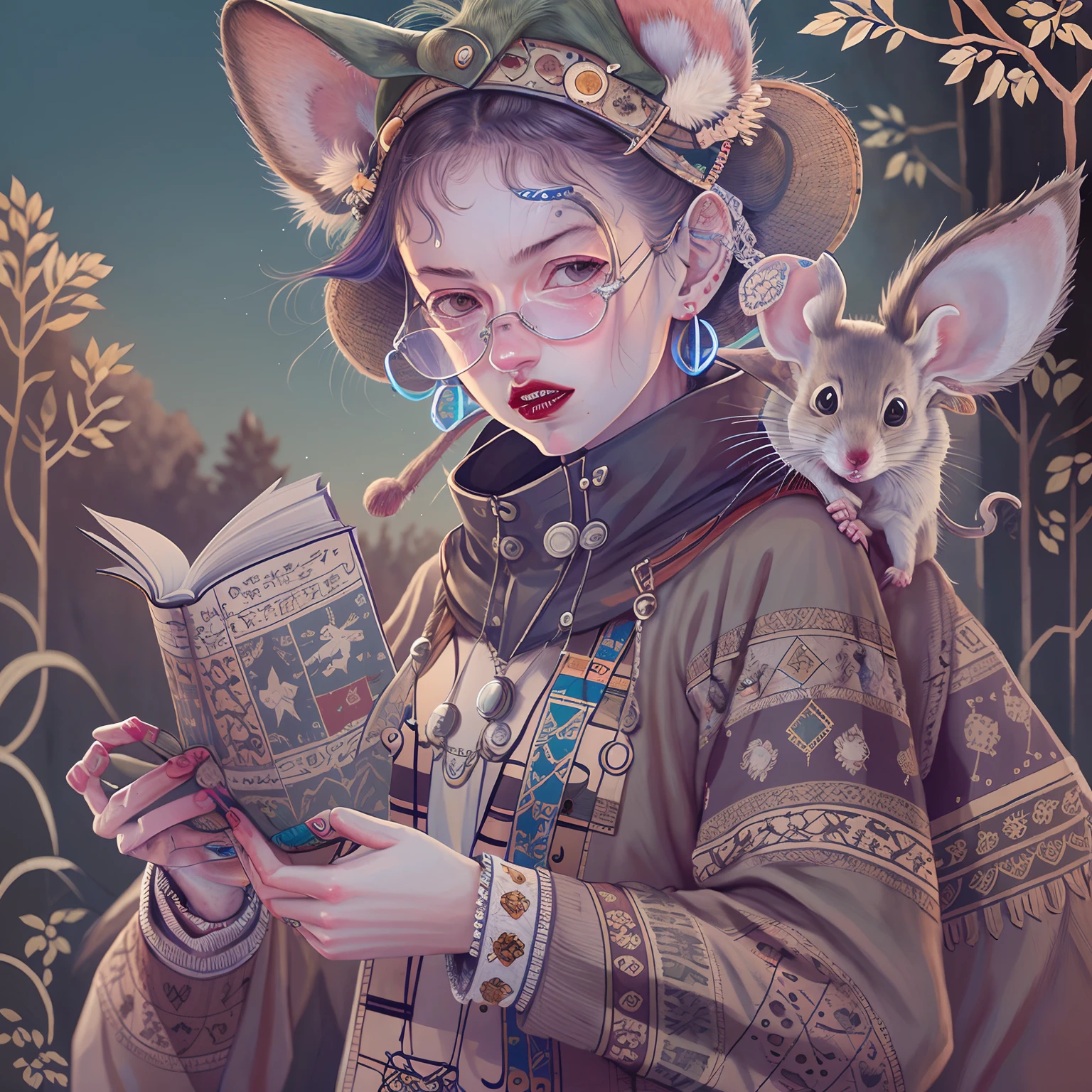 Punk wind rat reading a book,the trees,3 mice,earnestly,having fun,Wear glasses
