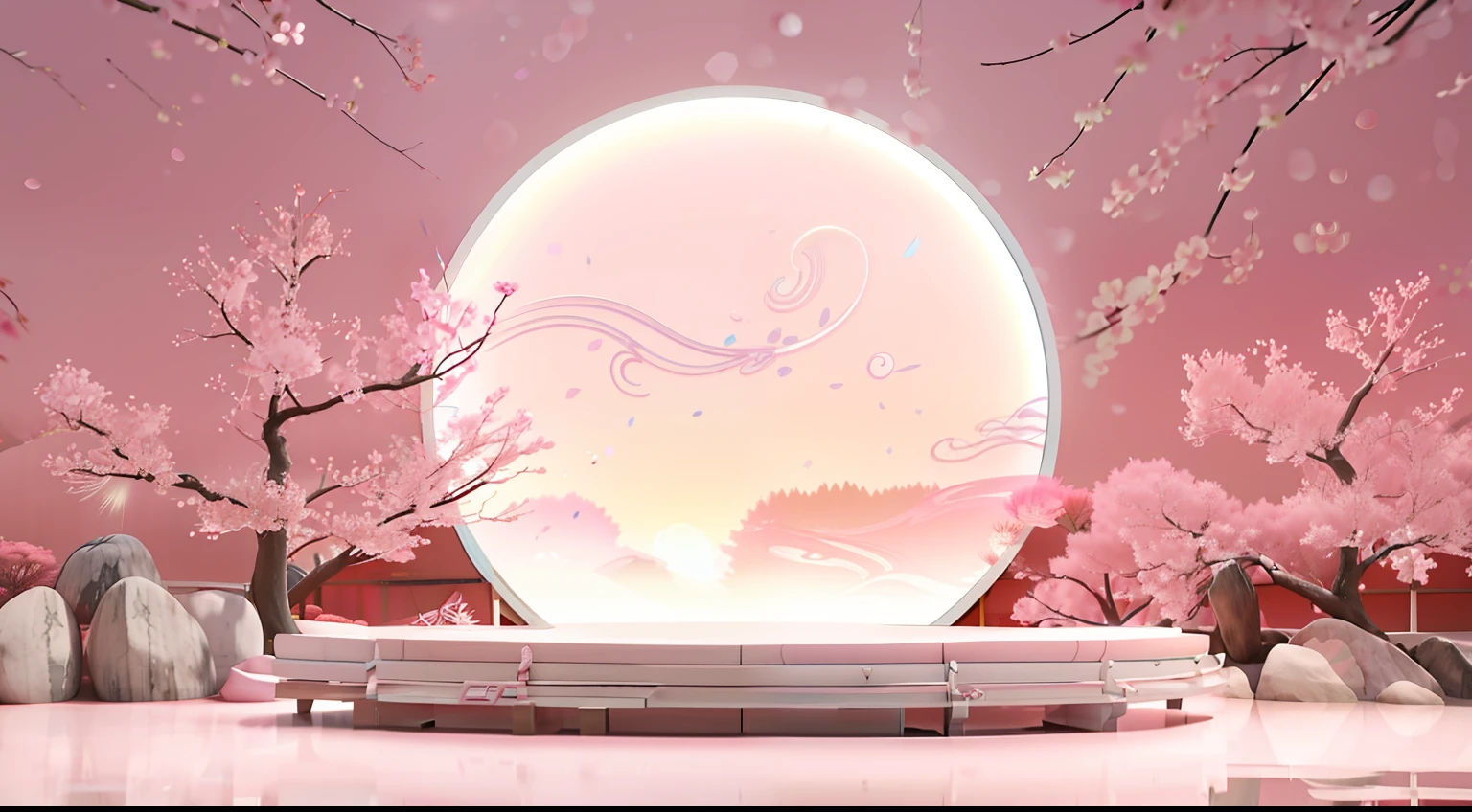 3D rendering of pink landscape with circular light, pink zen style, japonisme 3 d 8 k ultra detailed, sakura season dynamic lighting, Japan. voluminetric lighting, inspired by Koson Ohara, inspired by Kanō Mitsunobu, Japanese art style, beautiful aesthetic art, beautiful aesthetic design, flowing sakura silk, Japanese Landscape