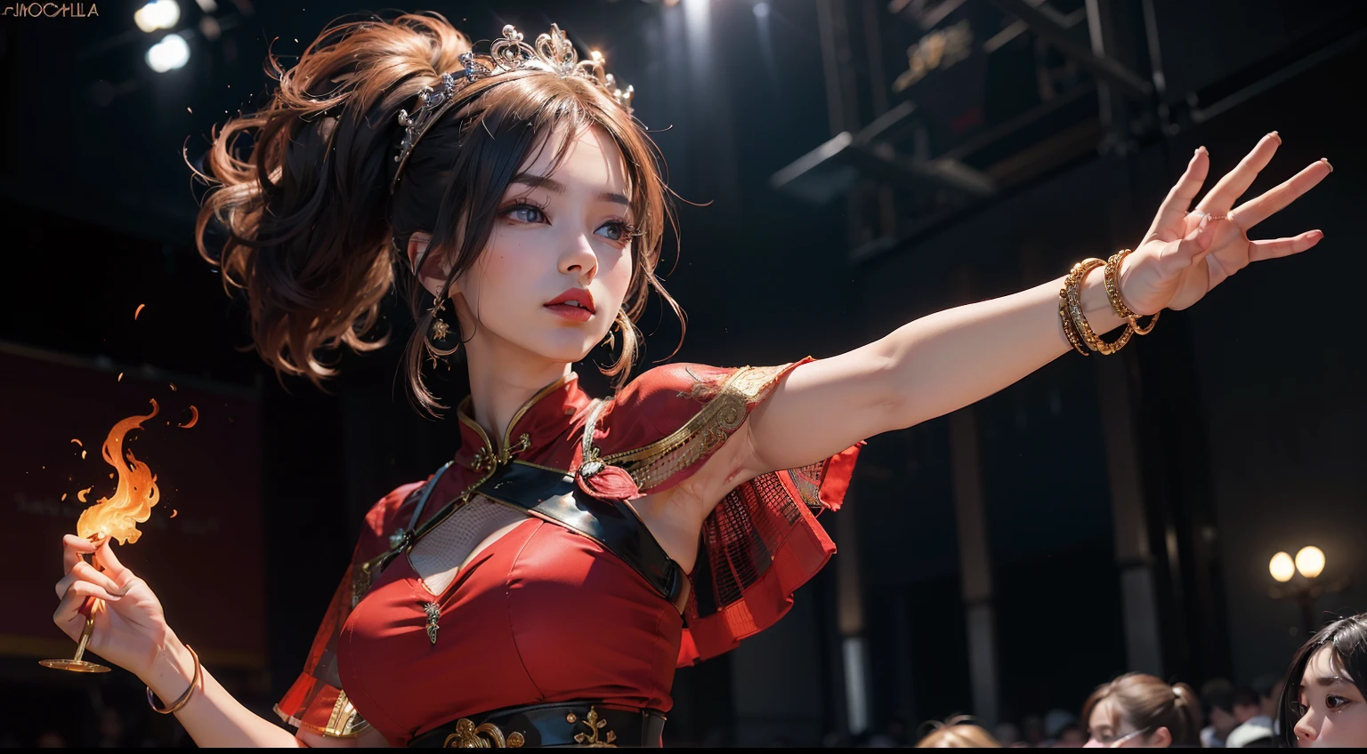 （One girl casts magic）, (Himiko:1.2)、Woman wearing multiple layers all over her body、(Orihalcon heavy metals:1.2)、(Priestess clothing of complex shape:1.2)、no underwear、Gymnastics for sitting with legs spread、in a cage、imprisonment、perfect anatomy、Shingon Esoteric Buddhism Worldview、Detailed mandala background、glowing skin, Wet、small breasts、A cup、nipple、Short Bob Cut Hair、Nicely aligned neckline、full body、 ArtGerm, Super detailed, Intricate and detailed art of color trends in the Art Station Triad, intricate details, 8K resolution