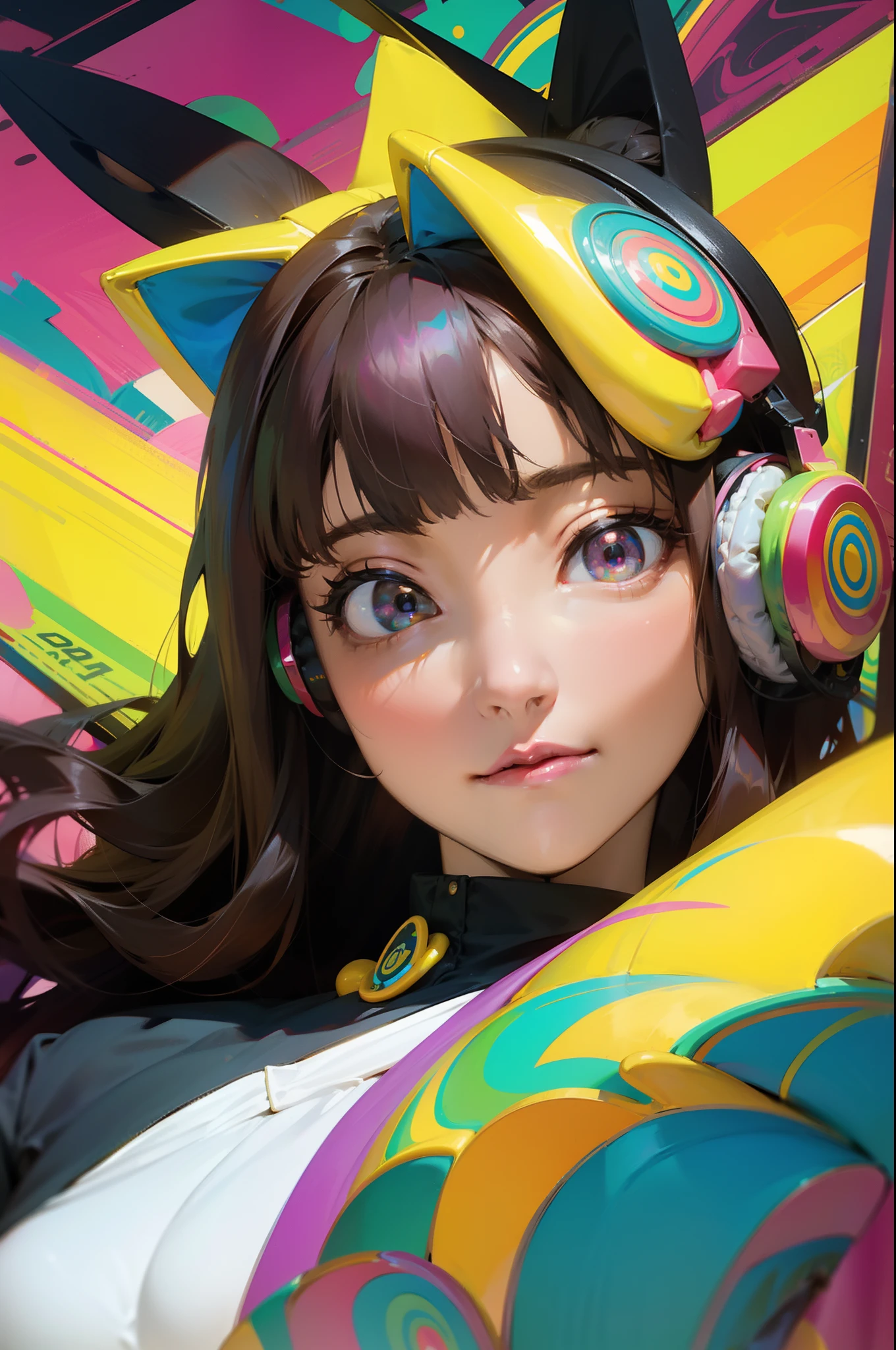 Colorful cat ears anime girl with headphones and big in psychedelic room, psytrance artwork, Trance, Psychedelic art style, Psychedelic color theme, psychedelic style, Psychedelic effects, jen bartel, Beeple and Jeremiah Ketner, Very high quality artwork, synthwave art, extremely psychedelic experience, synthwave art style, Mixed bee mix, Art style synthesis waves ]!!, (((Masterpiece))), (Intricate), Mexican art, Detailed eyes, Normal complexion,With your mouth open,Coquettish type，Enchanted，Shy,The look of the riot，Long loose hair