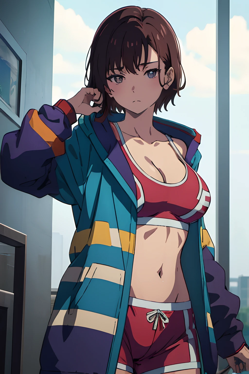 (((masterpiece))), ShizukaMikazuki, 1girl, solo, looking at viewer, short hair, brown hair, long sleeves, cleavage, medium breasts, closed mouth, collarbone, jacket, open clothes, open jacket, blue jacket, ground vehicle, sports bra, bicycle,