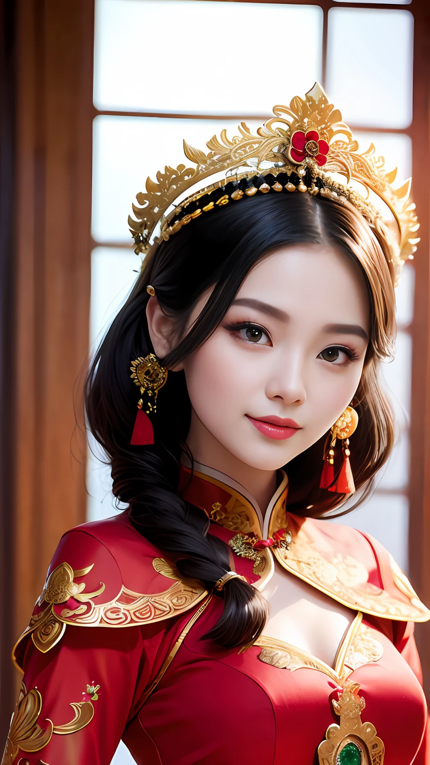 (8k, RAW Photo, Best Quality, Masterpiece: 1.2), (Realistic, Realistic: 1.37), 1 Girl, Aalfi Woman Posing for Photo in Red Dress and Headdress, Gorgeous Role Play, Beautiful Costume, Complex Fantasy Dress, Beautiful Fantasy Queen, Chinese Dress, Complex Dress, Complex Costume, Traditional Beauty, Gorgeous Chinese Model, Chinese Costume, Inspired by Lan Ying, Wearing Gorgeous Costume, Inspired by Puhua, wearing elegant Chinese Xiuhe dress, Chinese wedding dress, Phoenix crown Xia hand, antique bride, show dress, close-up, close-up, smile