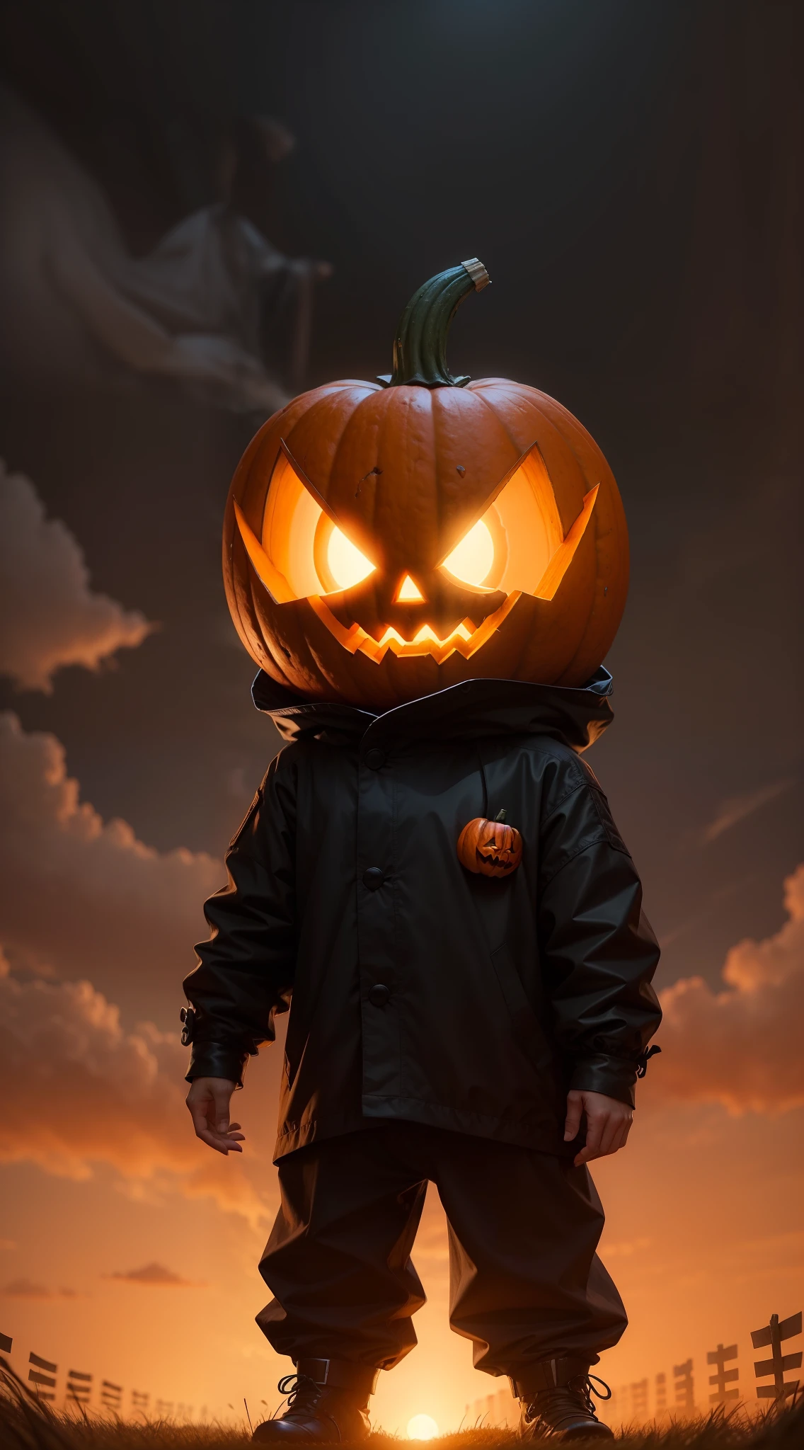 a small humanoid character with a pumpkin as it's head, scary, horror, night, dark, fall weather, farm