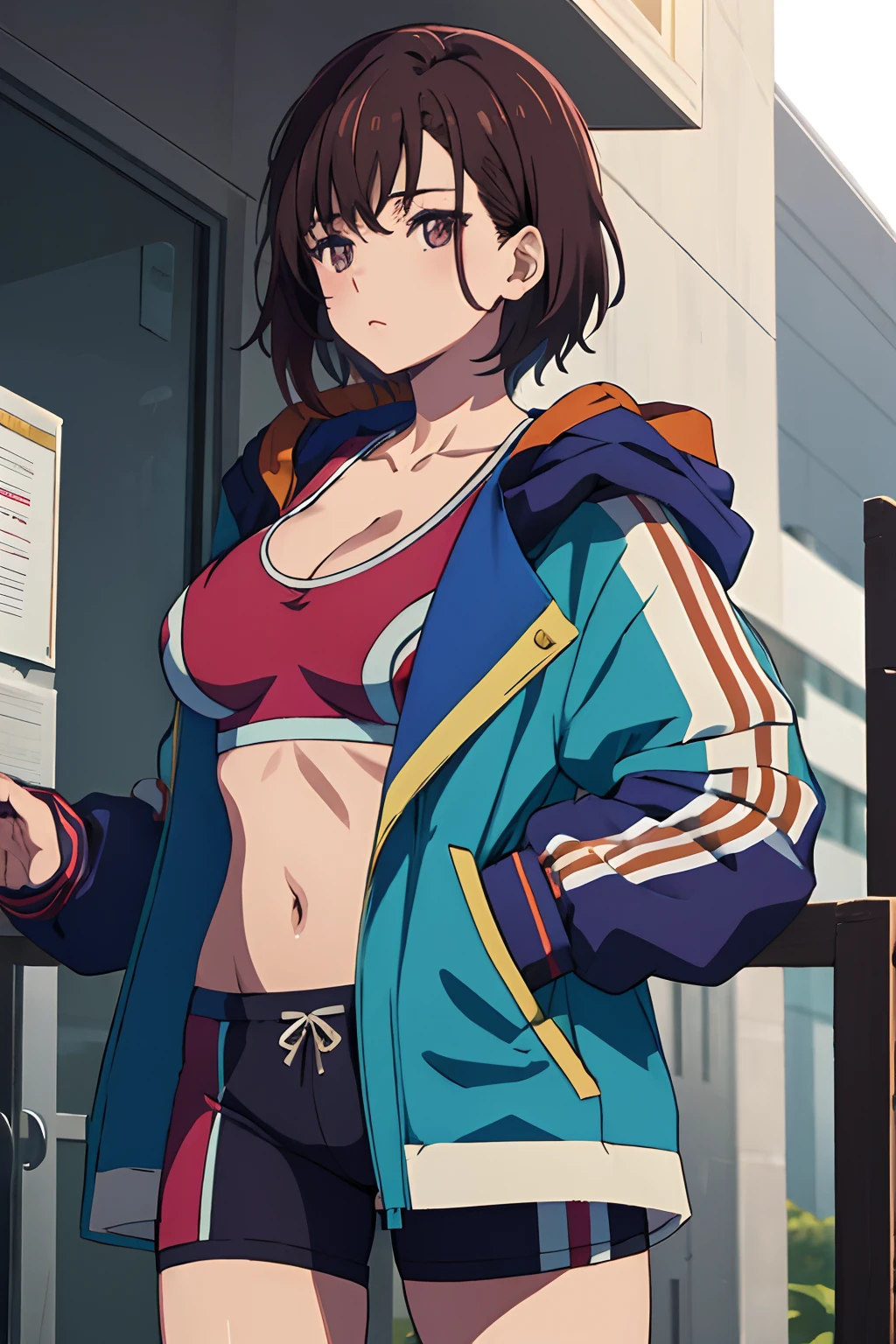 (((masterpiece))), ShizukaMikazuki, 1girl, solo, looking at viewer, short hair, brown hair, long sleeves, cleavage, medium breasts, closed mouth, collarbone, jacket, open clothes, open jacket, blue jacket, ground vehicle, sports bra, bicycle,