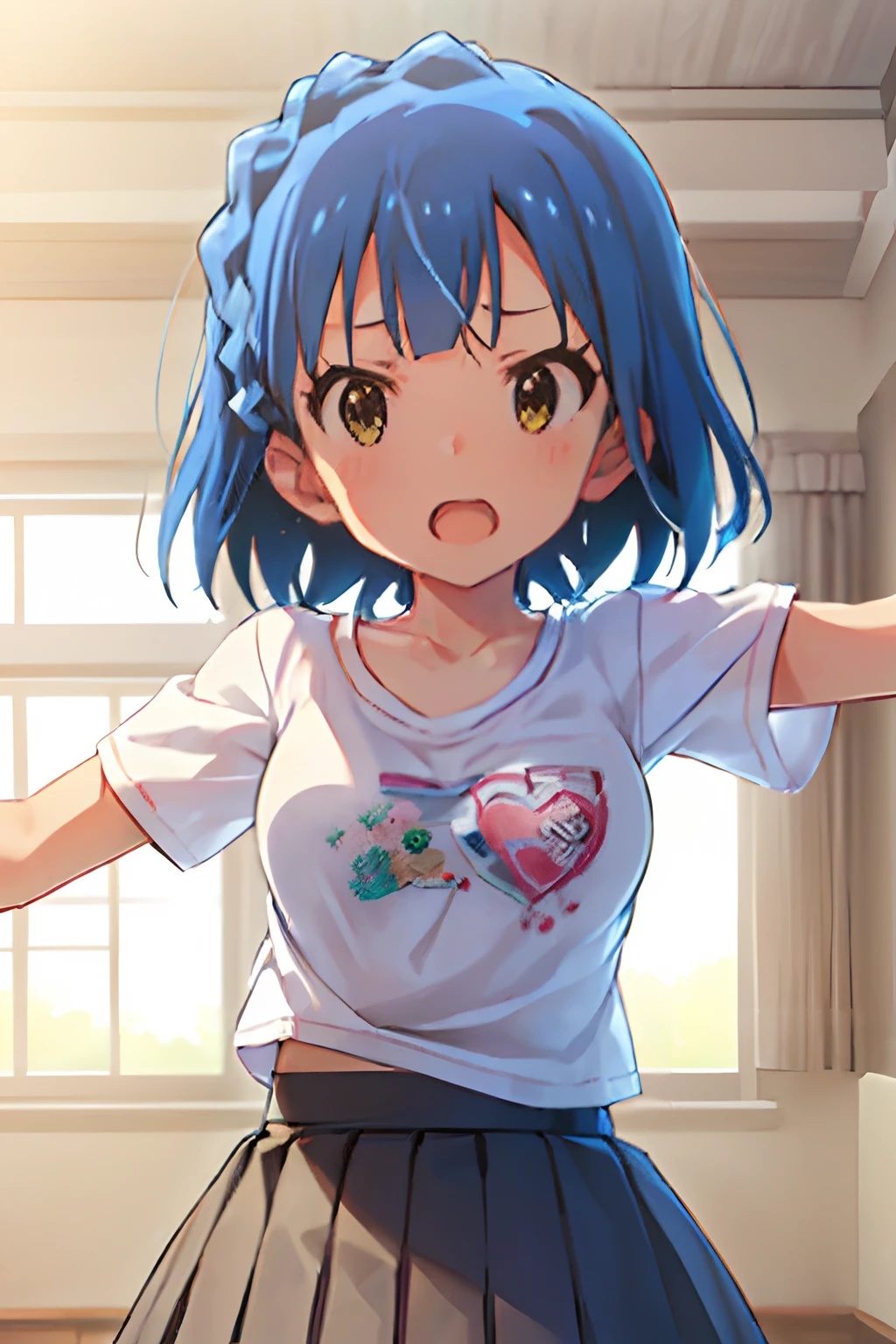 yuriko nanao (million live). Short stature. (((white t-shirts))).(((Skirt))).(((masterpiece))).(((best quality))).((Ultra-detailed))).(((illustratio))). (((Spread your arms))).(((a room))).(((make a fist))).(((up chest))).Despair face.(((short-hair))).((big breasts)).((Opening Mouth)).