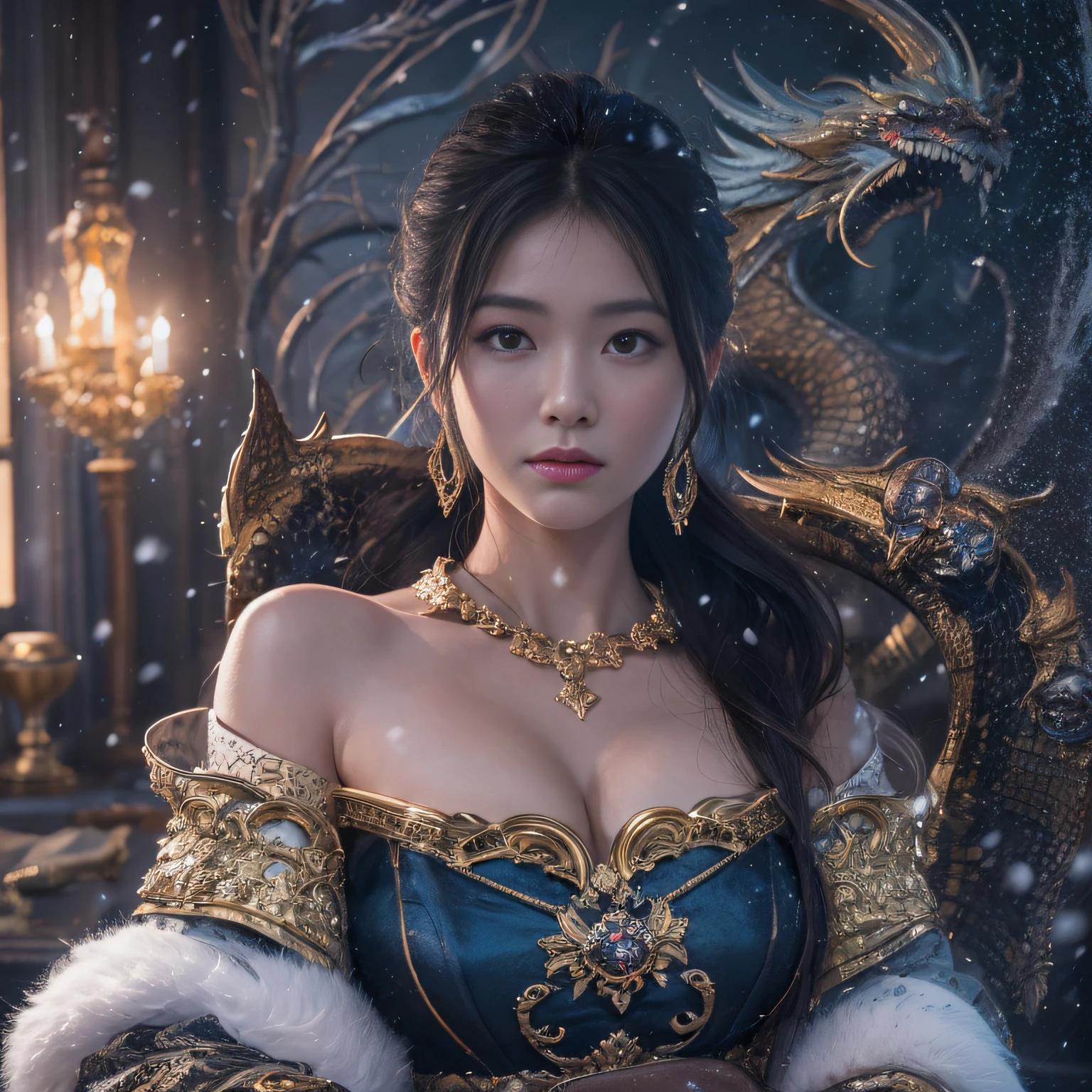 32k,（tmasterpiece，k hd，hyper HD，16k）short detailed hair，Vintage train sleeper area，Snow Circle Witch ，Two Golden Dragon Protectors （realisticlying：1.4），Python robe，Purple apron，Snowflakes fluttering，The background is pure， A high resolution， the detail， RAW photogr， Sharp Re， Nikon D850 Film Stock Photo by Jefferies Lee 4 Kodak Portra 400 Camera F1.6 shots, Rich colors, ultra-realistic vivid textures, Dramatic lighting, Unreal Engine Art Station Trend, cinestir 800，