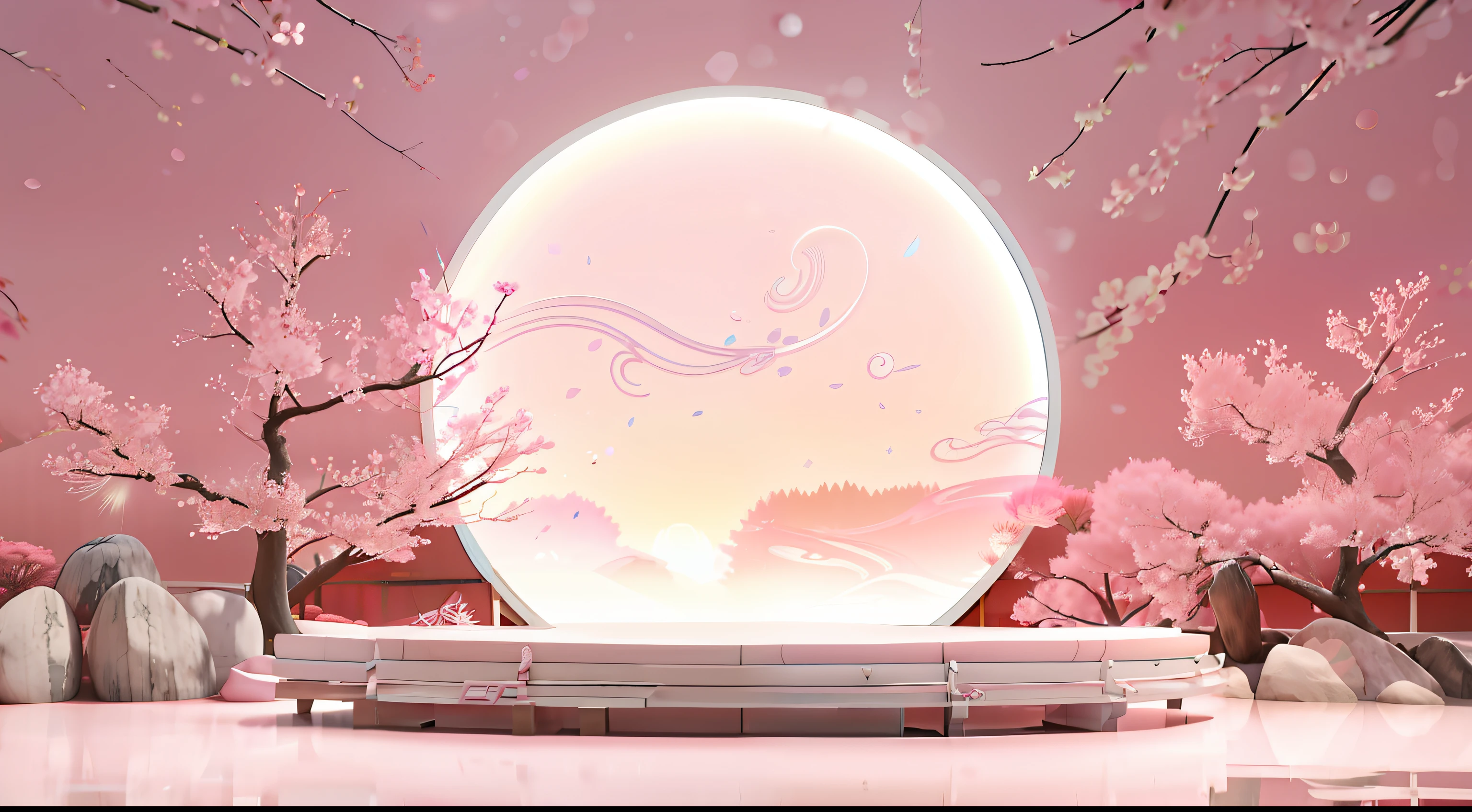 3D rendering of pink landscape with circular light, pink zen style, japonisme 3 d 8 k ultra detailed, sakura season dynamic lighting, Japan. voluminetric lighting, inspired by Koson Ohara, inspired by Kanō Mitsunobu, Japanese art style, beautiful aesthetic art, beautiful aesthetic design, flowing sakura silk, Japanese Landscape