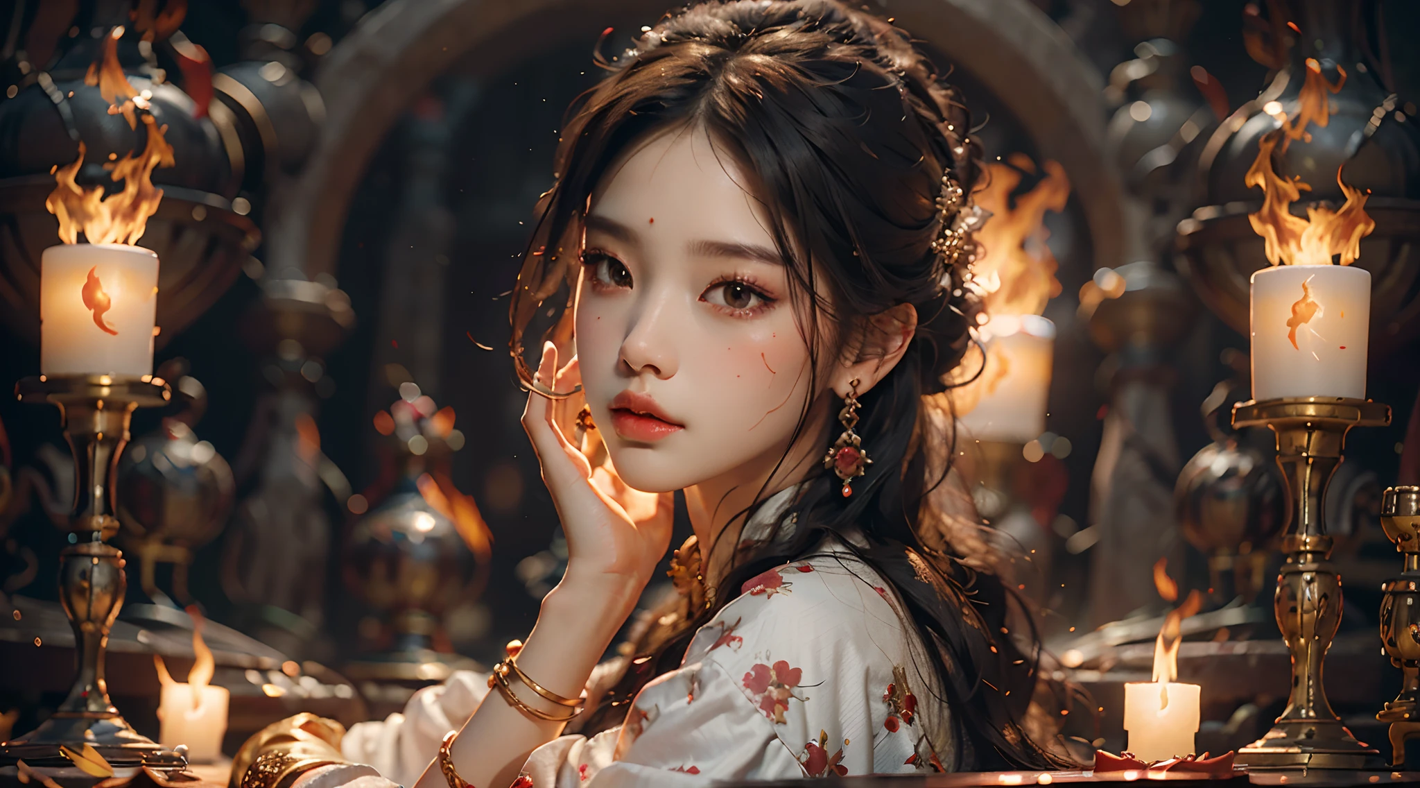 Best quality,masterpiece,ultra high res,(photorealistic:1.4)1girl,beautiful_face,detailed skin,full body,yuhuoshu,jewelry,solo,earrings,(fire:1.3),blurry,realistic,lips,