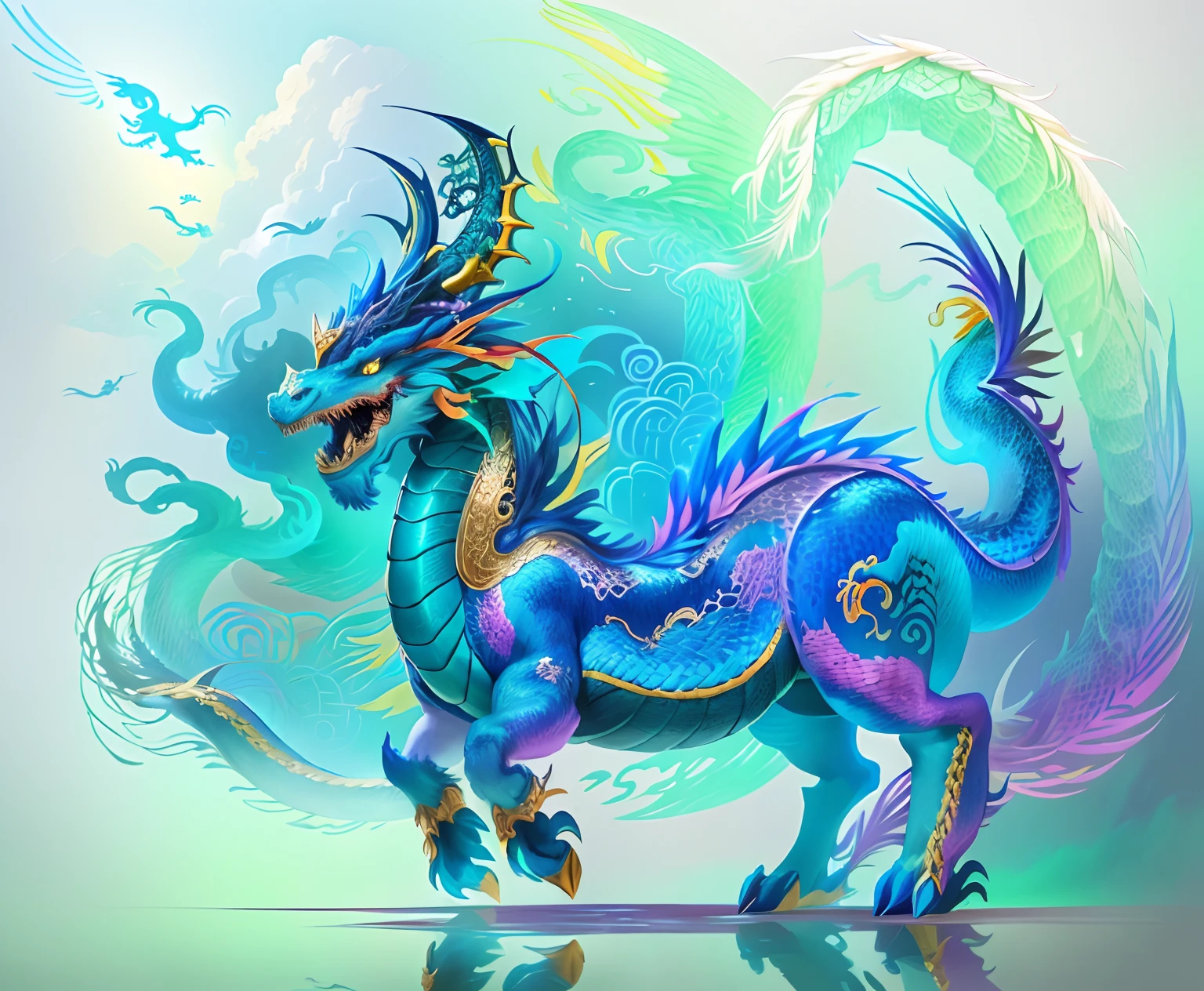 Brightly colored horses with a long tail and a tail with a long tail........, Mythical Creatures, chinese dragon concept art, smooth chinese dragon, cyan chinese dragon fantasy, Mythical Creatures, Fantasy Creatures, Rainbow Fluffy Dragon, Digital paintings of Quetzalcoatl, anthropomorphic dragon, Chinese dragon, dragon art, as an anthropomorphic dragon