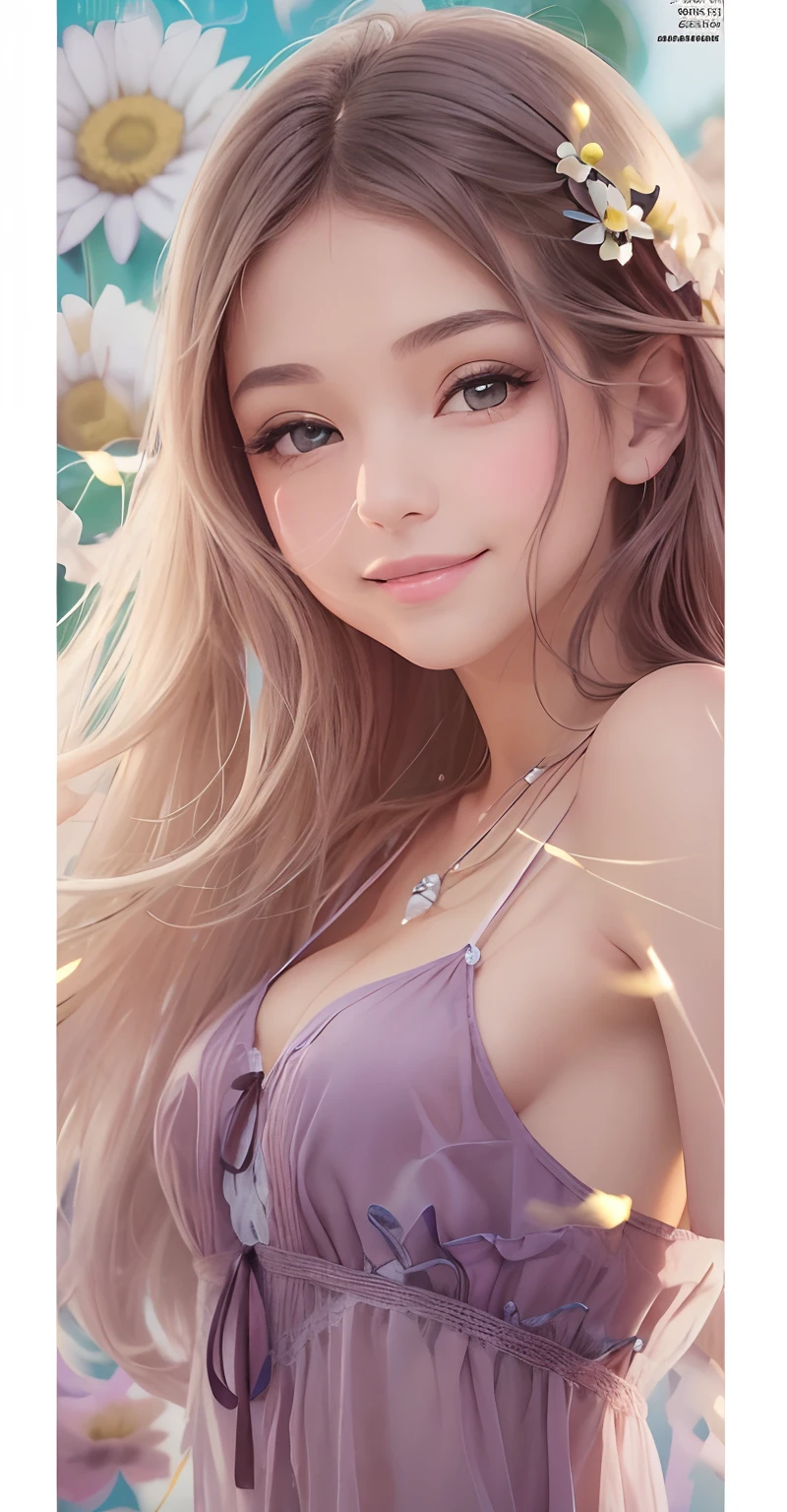 Foto, obra maestra, mejor calidad, happy beautiful girl, hermosa sonrisa,atuendo de primavera, cabello colorido, al aire libre, portada de revista, (revista : "Valeriux": 1.7), parte superior del cuerpo, luz de primavera