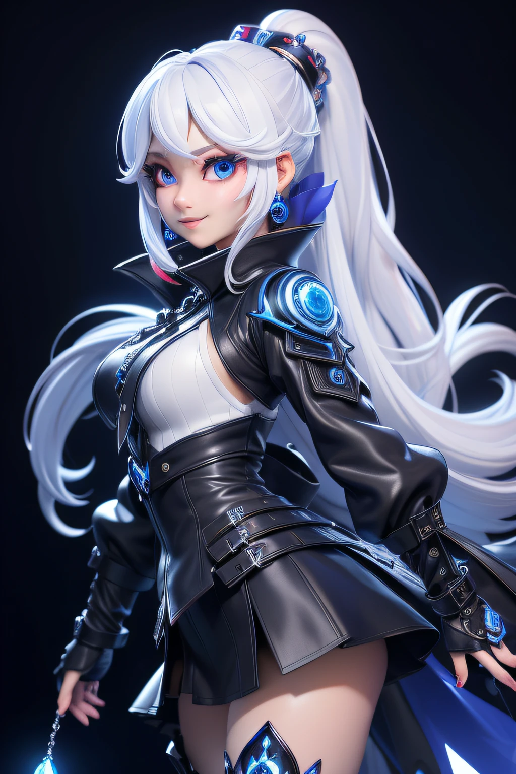 3DMM Style、(masterpiece、top-quality:1.4)、mid night、cool、vivid、魅惑的、1girl in、doress、cyberpunked、long white hair、Blue Sapphire Gemstones