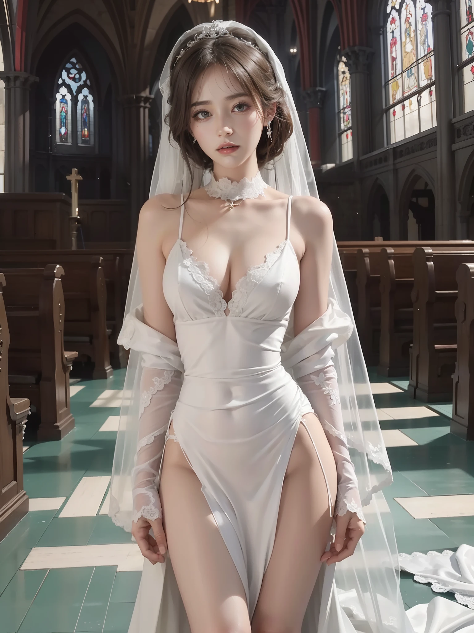 ((best qualtiy)), ((tmasterpiece)), (A detailed), white wedding gown,Leaky big breasts,Leaky thighs,stand posture,1girll,scene from church