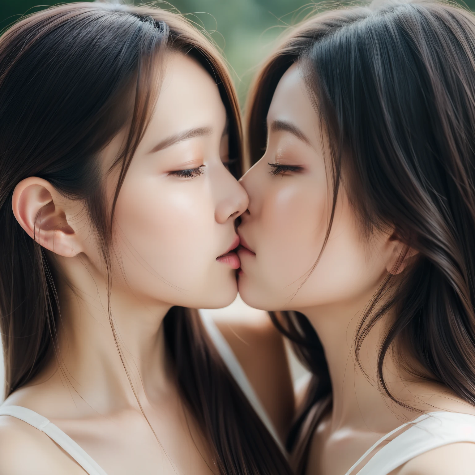 Kissing between women、embracing each other、profile、hposing Gravure Idol、((top-quality、8K、​masterpiece:1.3))、Raw photography
