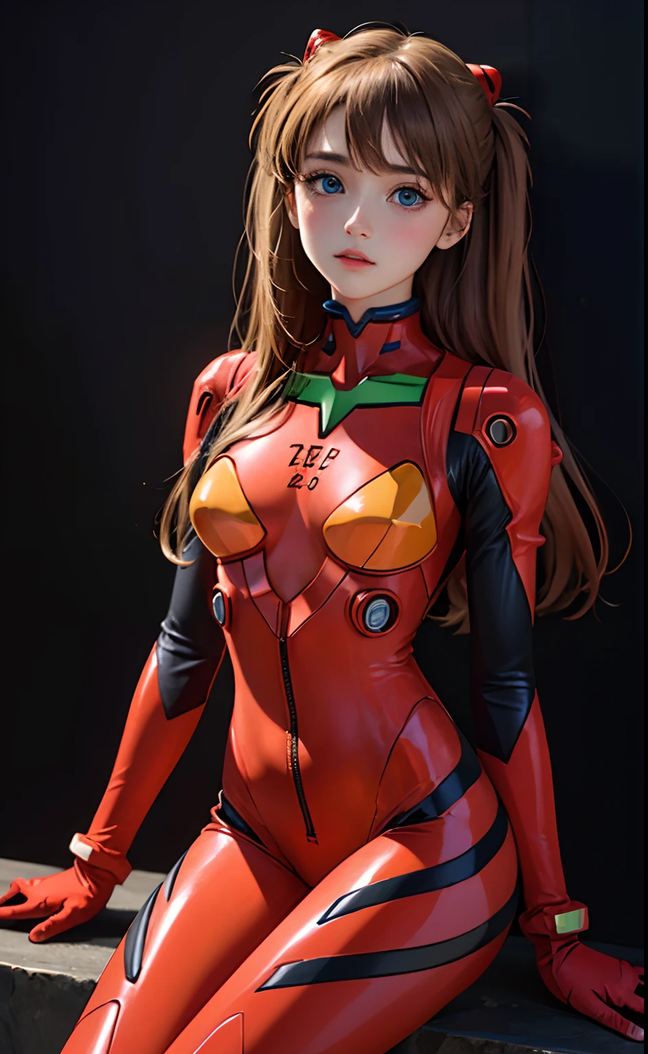 (Masterpiece: 1.4, top quality), (intricate details), Unity8k wallpaper, super detailed, beautiful and mysterious, detailed background, realistic, solo, perfect detail face, detailed blue eyes, very detailed, blush, hair ornament, chignon mahogany hair, (blonde hair), plug suit 02,Shikinami Asuka Langley, Evangelion, slender -yeld gi full body suit, black background