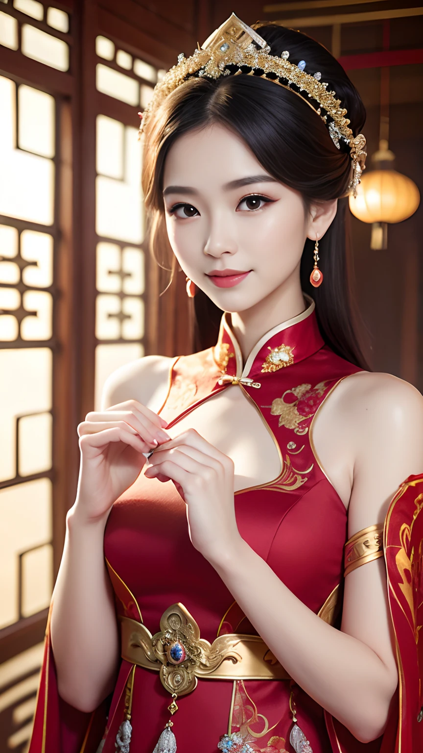 (8k, RAW Photo, Best Quality, Masterpiece: 1.2), (Realistic, Realistic: 1.37), 1 Girl, Aalfi Woman Posing for Photo in Red Dress and Headdress, Gorgeous Role Play, Beautiful Costume, Complex Fantasy Dress, Beautiful Fantasy Queen, Chinese Dress, Complex Dress, Complex Costume, Traditional Beauty, Gorgeous Chinese Model, Chinese Costume, Inspired by Lan Ying, Wearing Gorgeous Costume, Inspired by Puhua, wearing elegant Chinese Xiuhe dress, Chinese wedding dress, Phoenix crown Xia hand, antique bride, show dress, close-up, close-up, smile