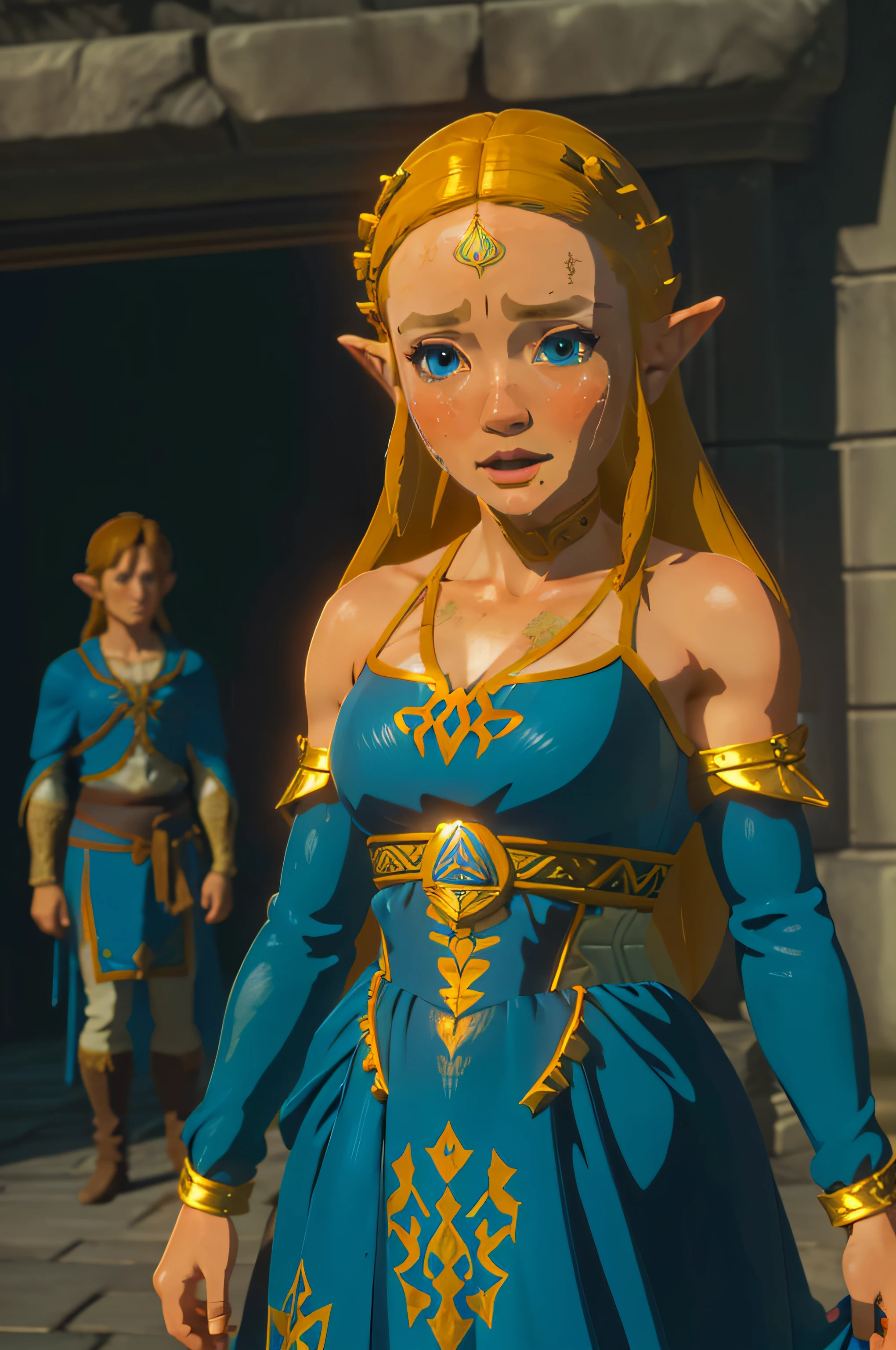 zelda crying on links shoulders,  (((cell shading))), (blue eyes, dreamy face, blushing0.8), perfect face, ultra high quality, ultra realistic, masterpiece, 8K, ray tracing, golden dress, royal tavern, (standing), revealing dress, (((medium breasts))), ((focus face)), (((face-highly realistic)))