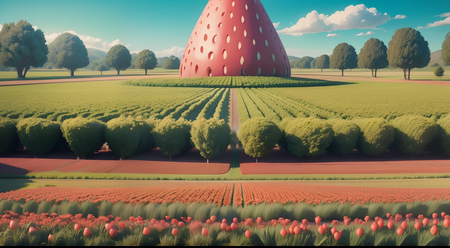 strawberry field, beautiful landscape, Pixar Disney style