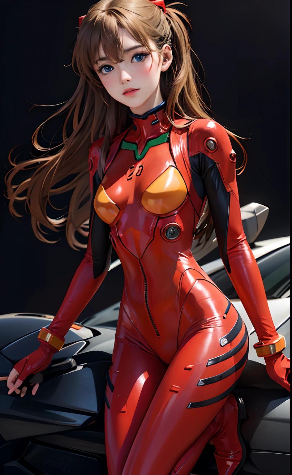 (Masterpiece: 1.4, top quality), (intricate details), Unity8k wallpaper, super detailed, beautiful and mysterious, detailed background, realistic, solo, perfect detail face, detailed blue eyes, very detailed, blush, hair ornament, chignon mahogany hair, (blonde hair), plug suit 02,Shikinami Asuka Langley, Evangelion, slender ****************, full body suit, black background