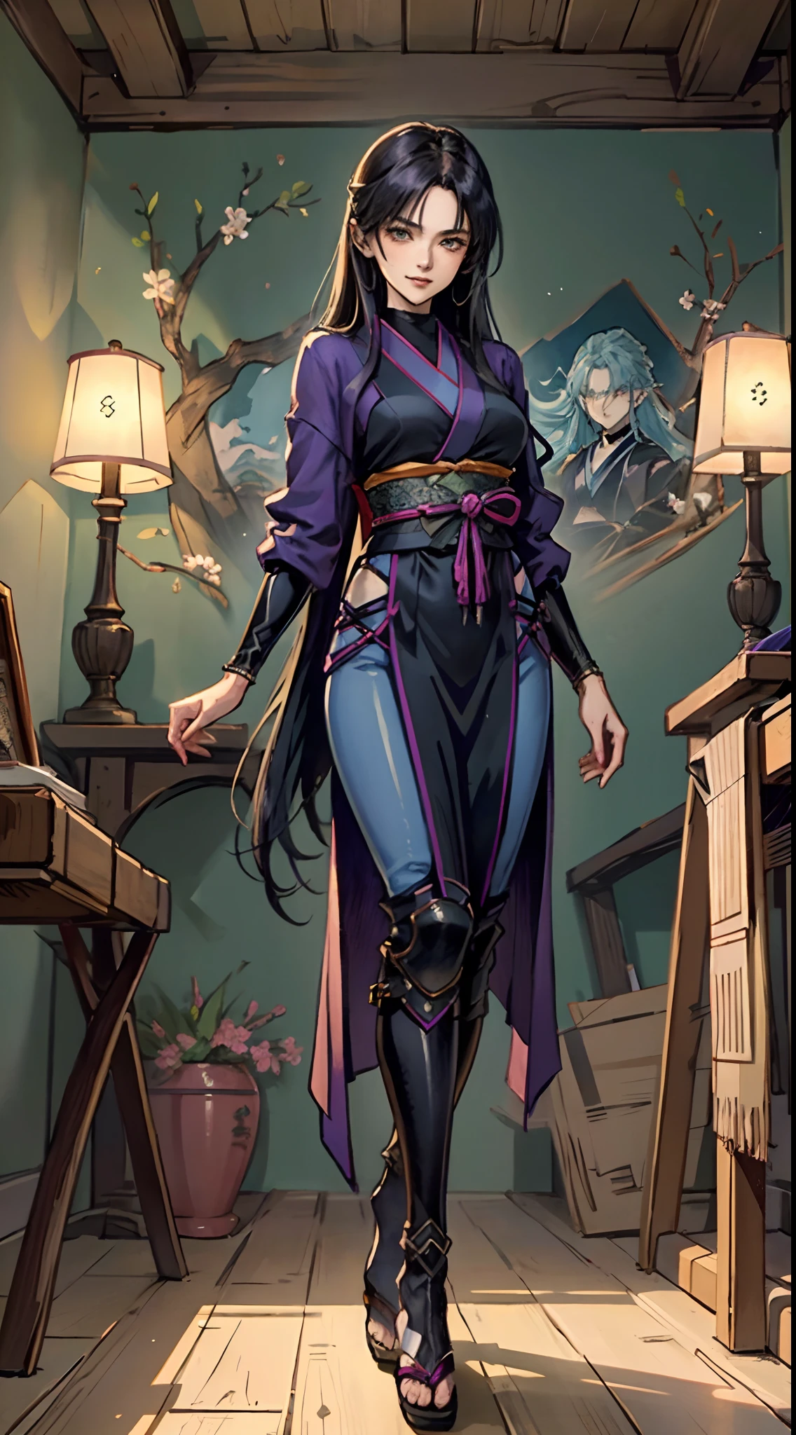 a beautiful woman with sleek dark purple long hair, a delicate and enchanting face, her eyes are sharp and piercing, a cunning smile, she has a slender figure, a fantasy-style form-fitting ninja outfit, the character design reflects a fantasy-style ninja by Japanese anime design, the artwork features finely detailed character design, showcasing a mature Japanese manga artistic style, ((character concept art)), full body character drawing, high definition, best quality, ultra-detailed, extremely delicate, anatomically correct, symmetrical face, extremely detailed eyes and face, high quality eyes, creativity, RAW photo, UHD, 8k, (Natural light, professional lighting:1.2, cinematic lighting:1.5, best shadow), (masterpiece:1.5)