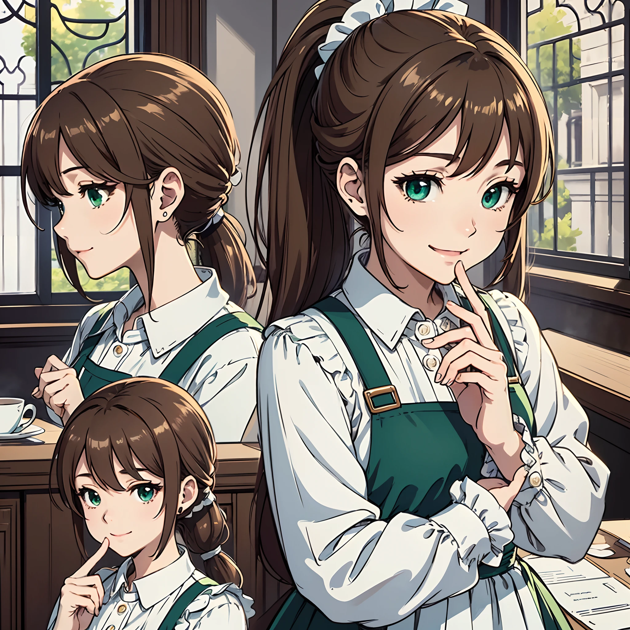 (Anime Pictures、top-quality)、masterpiece、extremely delicate and beautiful、A highly detailed、nffsw、Unity、2k wallpaper、astonishing、finely detail、Highly detailed ticker Unity 8k wallpaper、ultra-detailliert、hight resolution、absurderes、1girl in、Photo from head to waist、is standing、Diagonal、Looking at the camera、Soft light、((Brown hair long ponytail))、a beautiful detailed girl、Detailed finger、Beautiful profile、beautiful detailed nose、beatiful detailed eyes、long eyeslashes、cute little、20yr old、(full body Esbian:1.3)、Lifelike face、(A smile、closes mouth) 、White cardigan、Green dress、Cafe clerk's apron、Hands clasped