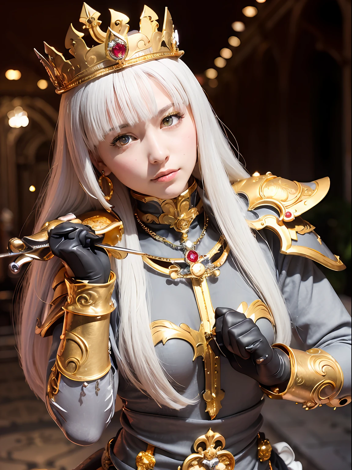 (masutepiece), Professional , ​masterpiece、top-quality、photos realistic , depth of fields （Gemstone Silver Metal Body:1.９),(Matte White、Jewel Gold Weapon（Jewel Metal Body:1.４),Gorgeous metal weapons , Detailed Sword of the Brave , Beautiful knife   ,warhammer 40k , adepta sororitas,Detail and ornate jewel crown、Black hair、Gangle's forest background、Beautiful Caucasian beauty、１a person、dynamic ungle,(((Detailed and ornate diamond crown)))、Smaller head、A smile、Take a sexy pose、Background inside the castle、Thin and beautiful female hands、cleavage of the breast、Soldier in iron armor on background、Soldier in iron armor on background、
