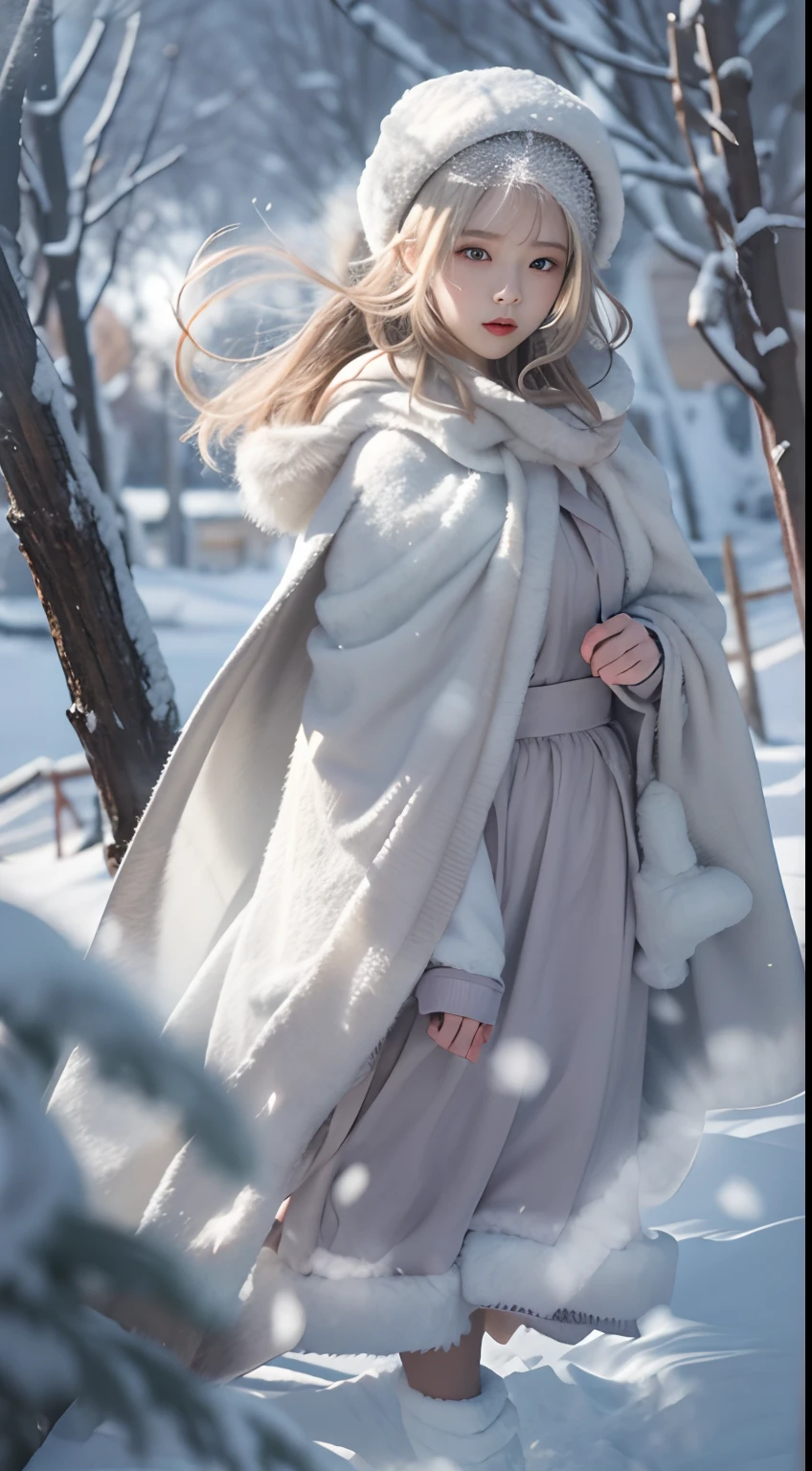 ((Works of masters)),(超高分辨率),1 girl, Run, ta costume,Cloak (Snow, Outdoor activities in winter:1.2)