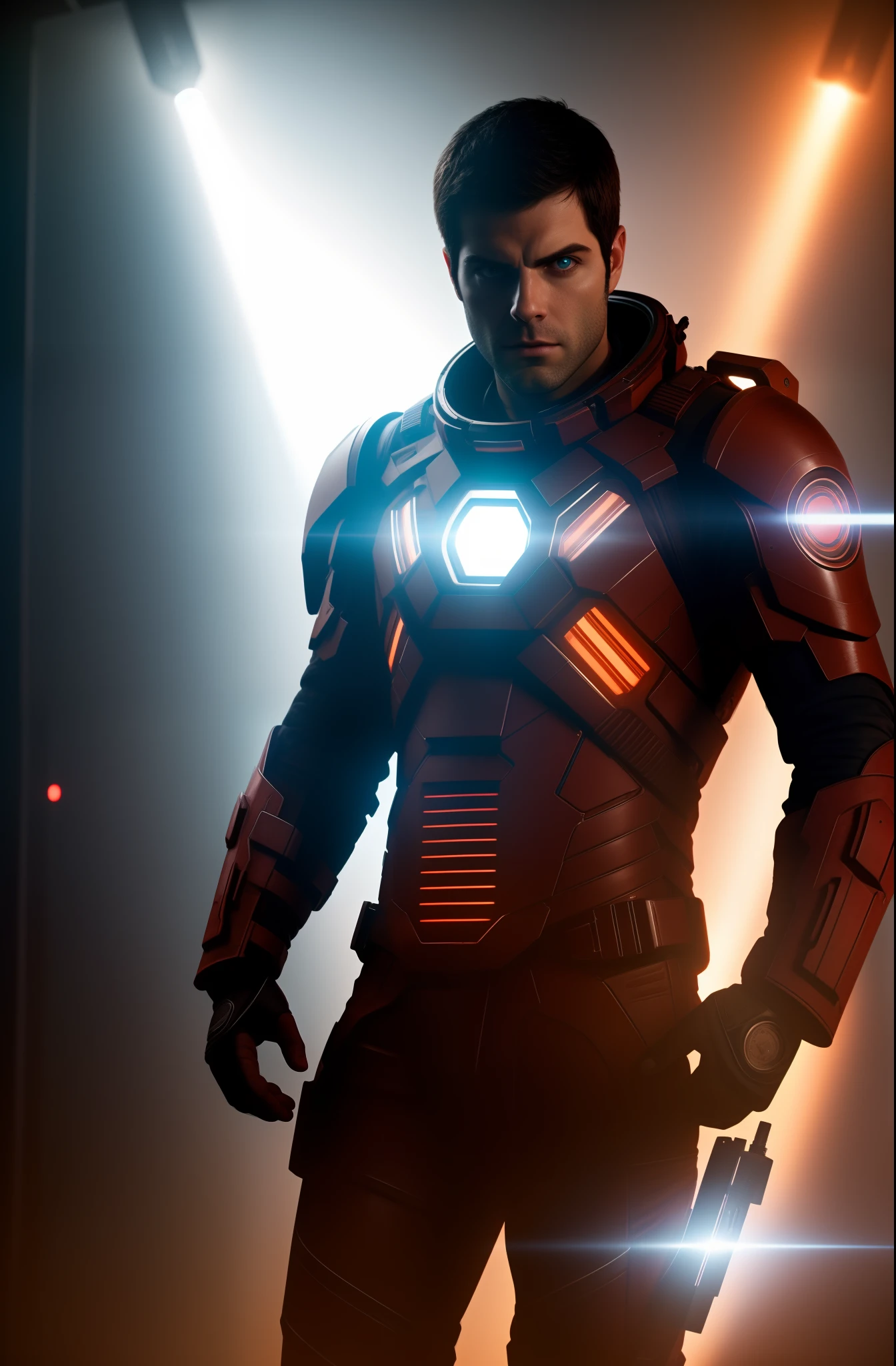 Sci Fi Horror Dead Space David Giuntoli on Ishimura Haunted Space Ship, electronic circuits hanging loose in background dark red lighting, high contrast, shiny skin, backlighting, chromatic aberration, sharp focus, photography, natural light, photorealism, cinematic rendering, ray tracing, the highest quality, the highest detail, Cinematic, Third-Person View, Blur Effect, Long Exposure, 8K, Ultra-HD, Natural Lighting, Moody Lighting, Cinematic Lighting