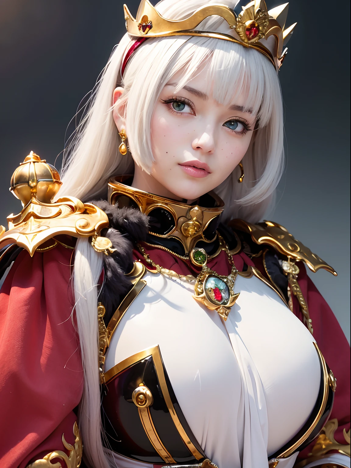 (masutepiece), Professional , ​masterpiece、top-quality、photos realistic , depth of fields （Gemstone Silver Metal Body:1.９),(Matte White、Jewel Gold Weapon（Jewel Metal Body:1.４),Gorgeous metal weapons , Detailed Sword of the Brave , Beautiful knife   ,warhammer 40k , adepta sororitas,Detail and ornate jewel crown、Black hair、Gangle's forest background、Beautiful Caucasian beauty、１a person、dynamic ungle,(((Detailed and ornate diamond crown)))、Smaller head、A smile、Take a sexy pose、Background inside the castle、Thin and beautiful female hands、Soldier in iron armor on background、Soldier in iron armor on background、