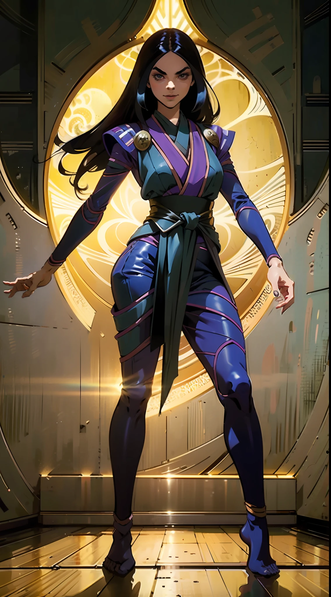 a beautiful woman with sleek dark purple long hair, a delicate and enchanting face, her eyes are sharp and piercing, a cunning smile, she has a slender figure, a fantasy-style form-fitting ninja outfit, the character design reflects a fantasy-style ninja by Japanese anime design, the artwork features finely detailed character design, showcasing a mature Japanese manga artistic style, ((character concept art)), full body character drawing, high definition, best quality, ultra-detailed, extremely delicate, anatomically correct, symmetrical face, extremely detailed eyes and face, high quality eyes, creativity, RAW photo, UHD, 8k, (Natural light, professional lighting:1.2, cinematic lighting:1.5, best shadow), (masterpiece:1.5)