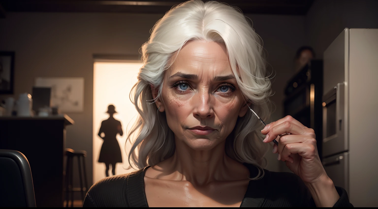 image of a Lady, 40 yaers old, she is painting a portrai, well dressed, appearing to be painting a persone very importante for her 16k, hyper realista, alta resolucao, rosto bem talhado, sem imperfeicoes, retrato, ponto de vista hiper detalhado, por lee jeffries, nikon d850, fotografia de filme, 4 kodak portra 400, F1 camera lens.6, cores ricas, hiper realista, textura realista, lighting dramatic, cinestill 800,