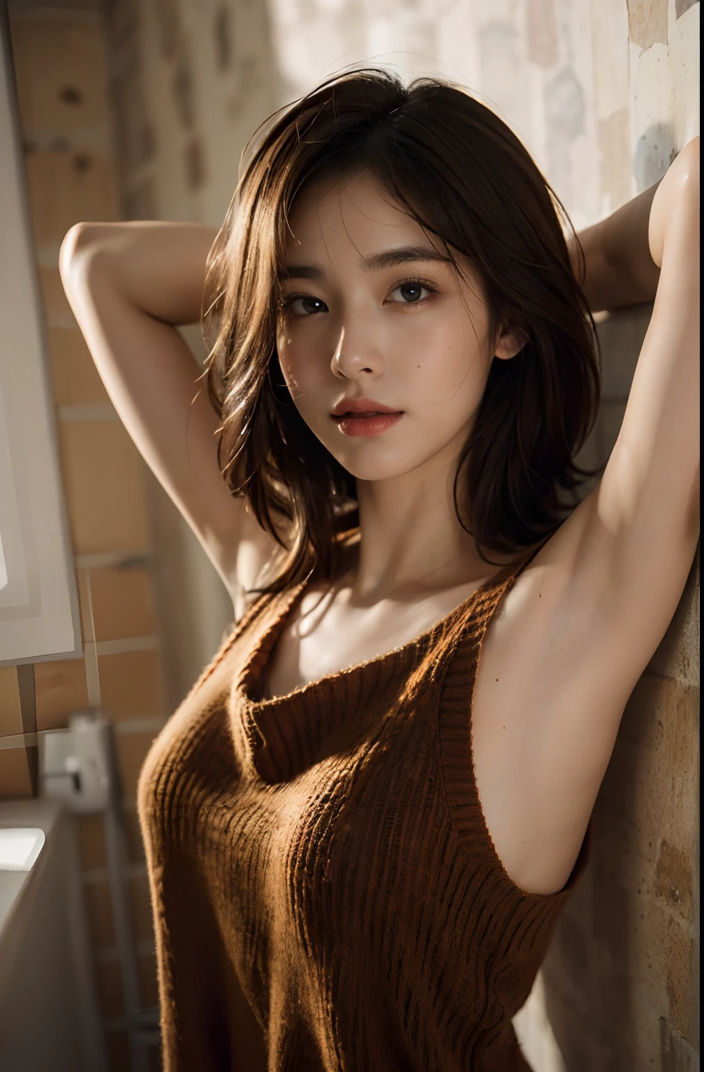 (A hyper-realistic、Armpit、Detailed underarm wrinkles), (illustratio), (hight resolution), (8K), (ighly detailed), (The best illustrations), (beatiful detailed eyes), (top-quality), (ultra-detailliert), (​masterpiece), (wall-paper), (详细的脸), 18 year old girl,Show beautiful armpits,Brown hair,Short or medium hair,Upper body only,Girl in a sleeveless sweater, japanes,