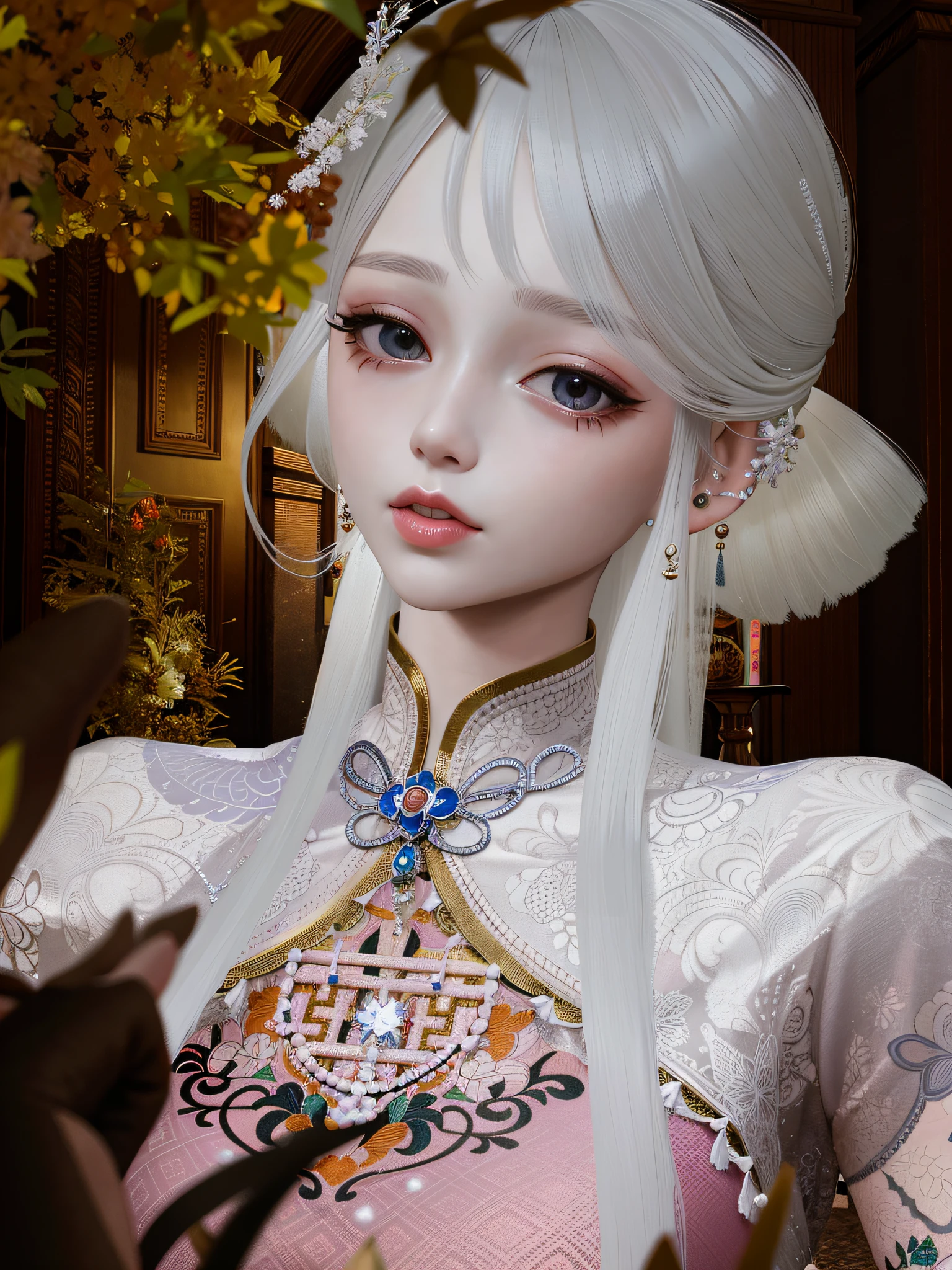 There was a woman with long white hair in a pink dress, A girl in Hanfu, The light from the back window is backlighted,4K