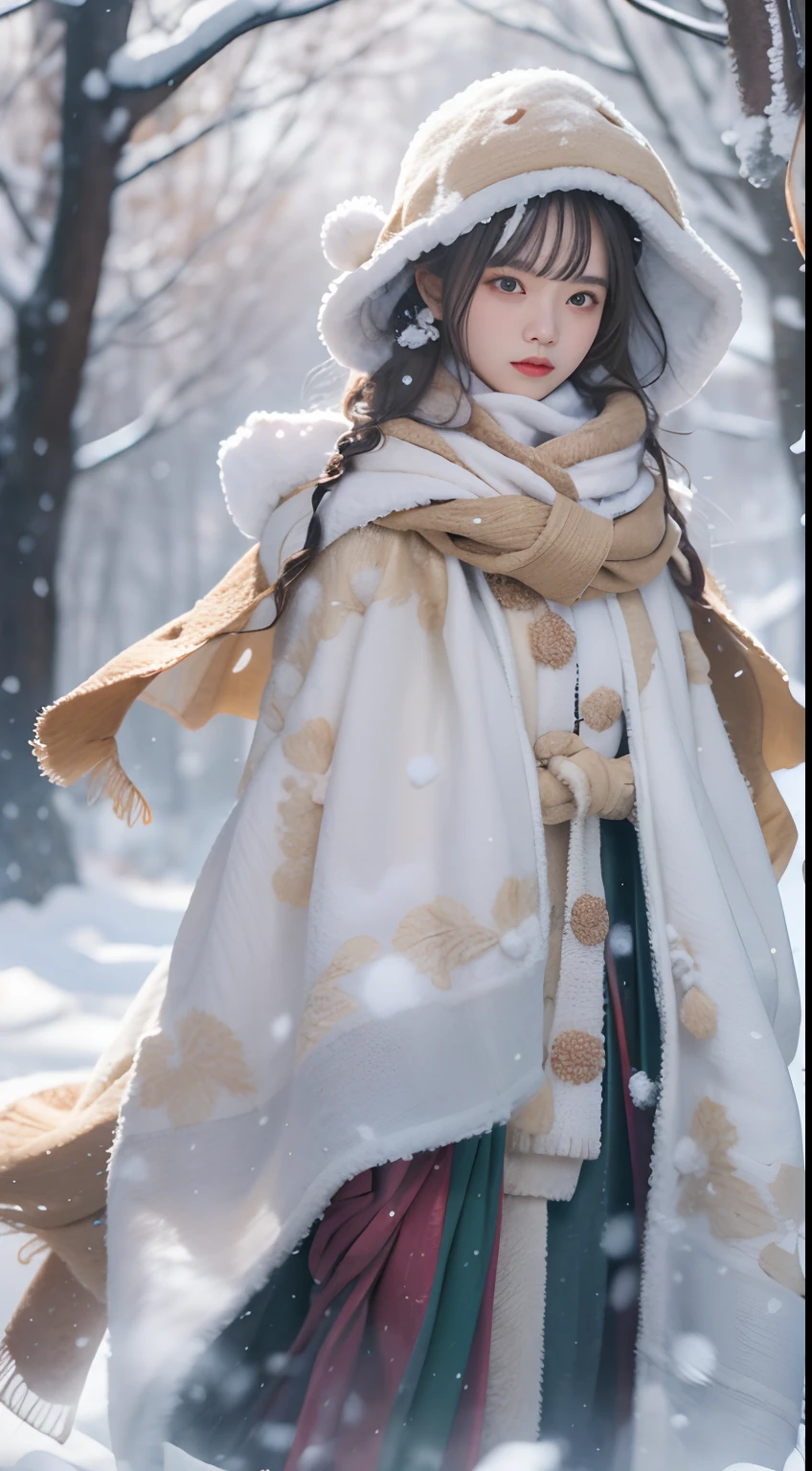 ((Works of masters)),(超高分辨率),1 girl, run, Lolita costume,Cloak (Snow, Outdoor activities in winter:1.2)